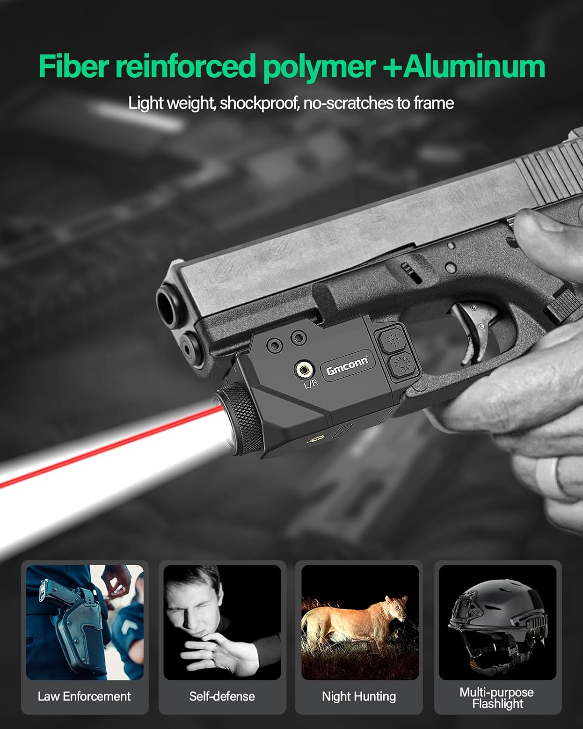 Gmconn 800 Lumen Tactical Flashlight Green Red Blue Laser LED Light Combo, Rechargeable Pistol Light with Strobe Function (Red Laser)