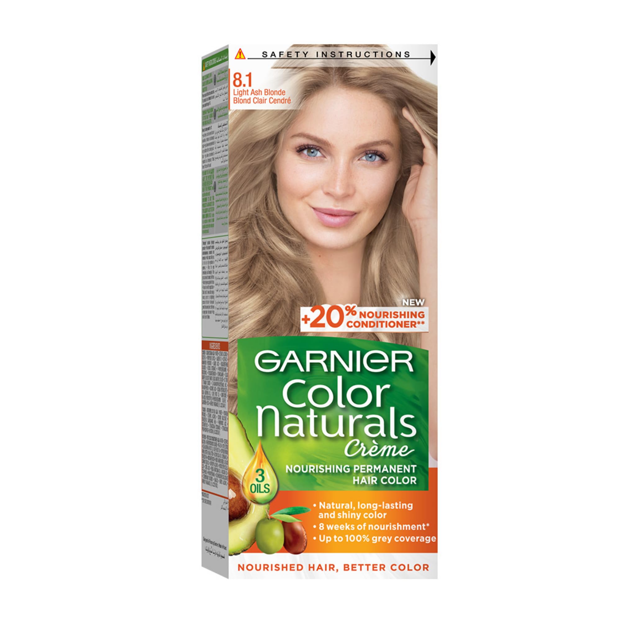 GarnierHair Colour, With 3 Nourishing Oils, Grey Coverage, Long-lasting Shiny Colour, Natural-looking Result, For All Hair Types, Color Naturals Crème, 8.1 Light Ash Blonde