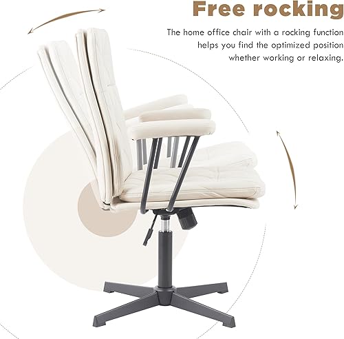 Miniatura 5 de Silla de escritorio sin ruedas, silla giratoria de oficina en casa con patas cruzadas Sillón de acento sólido blanco crema