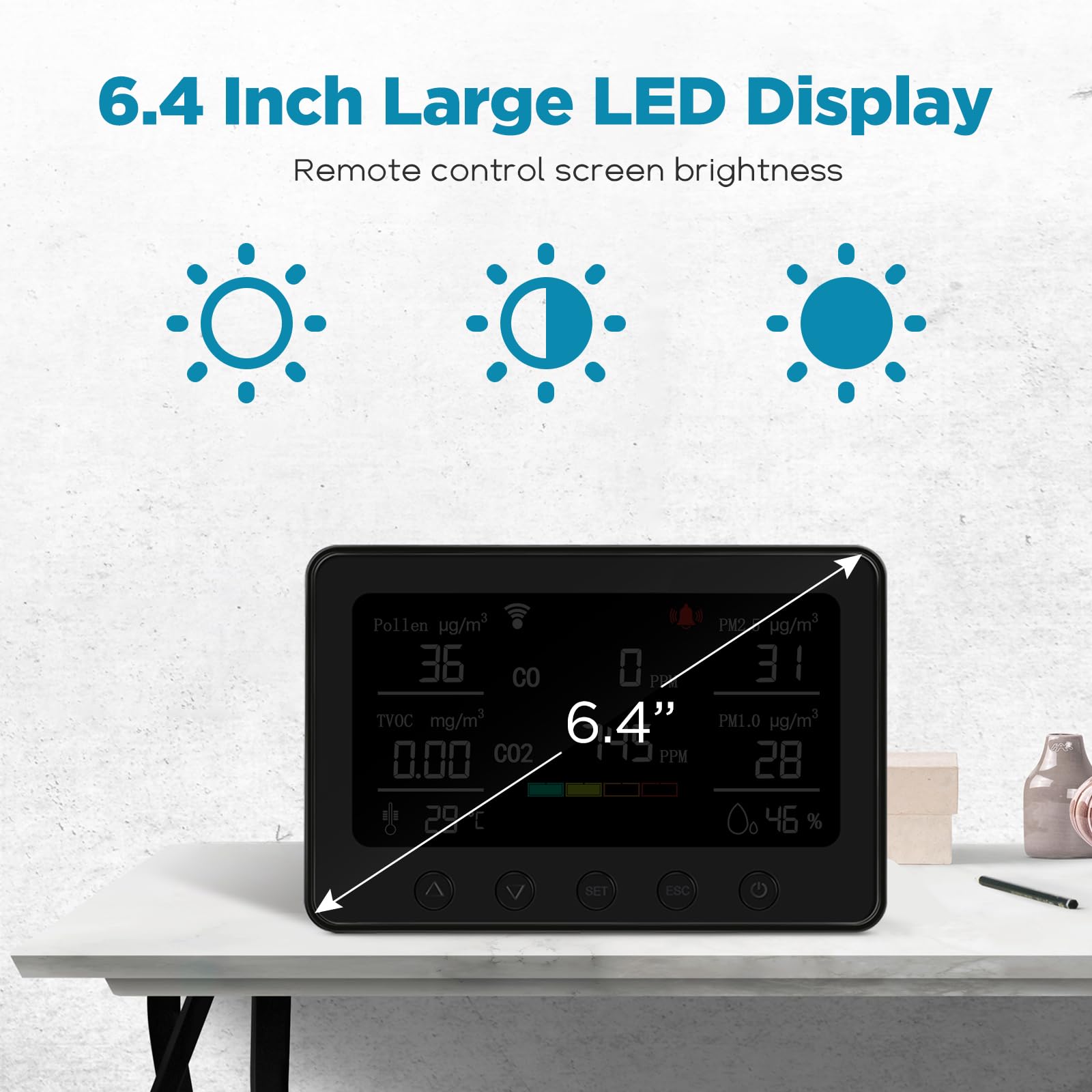 CF-30 Monitor de calidad del aire para interiores para polen, CO2, PM2.5, PM1.0, TVOC, temperatura, humedad, contaminación del aire con pantalla LCD grande, APP para configuración e historial