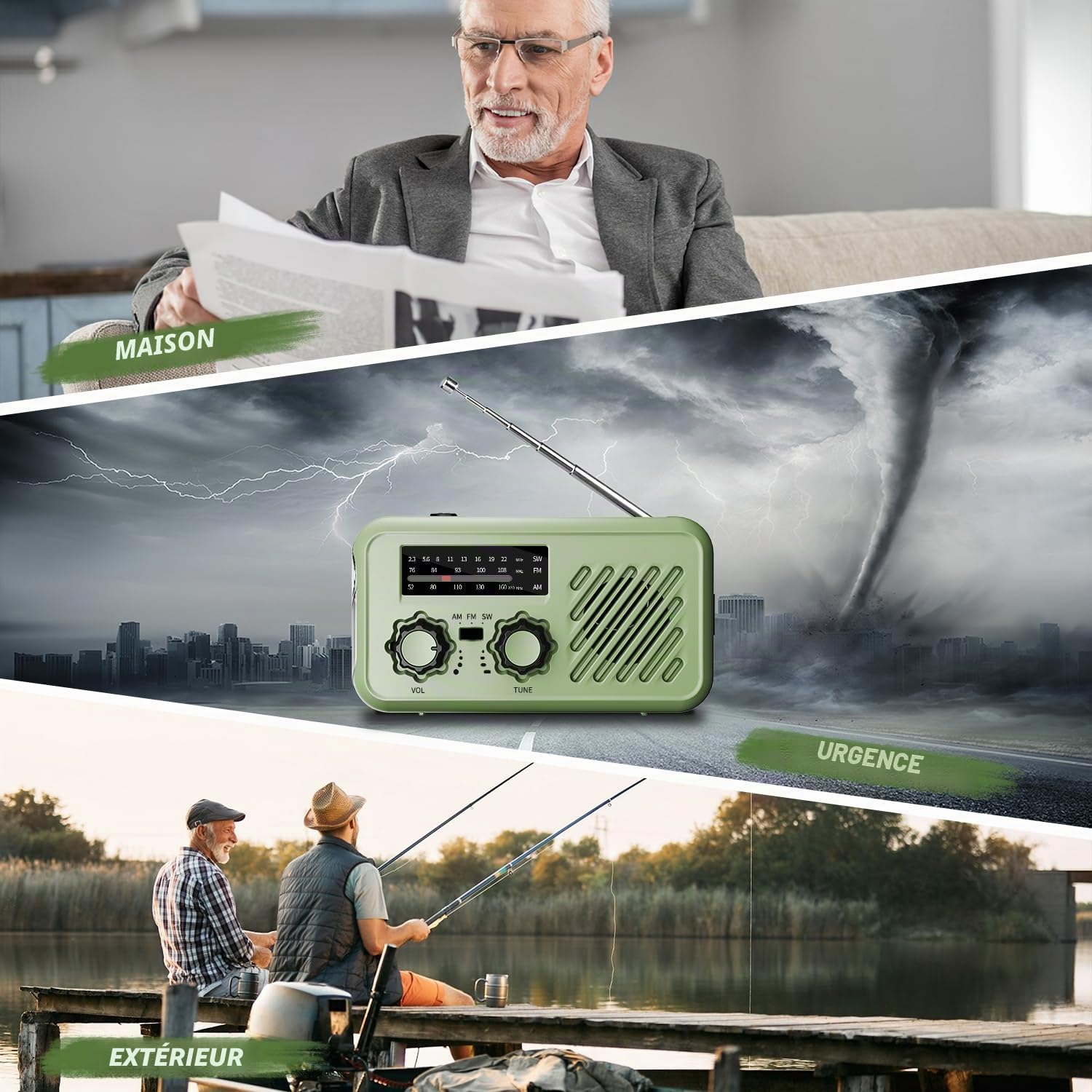 Radio Portable Urgence, AM/FM/SW Radio a Piles Survie, Radios Solaire Rechargeable à Manivelle avec Alarme SOS, 2000mAh Powerbank, Lampe de Poche, Lampe Lecture LED