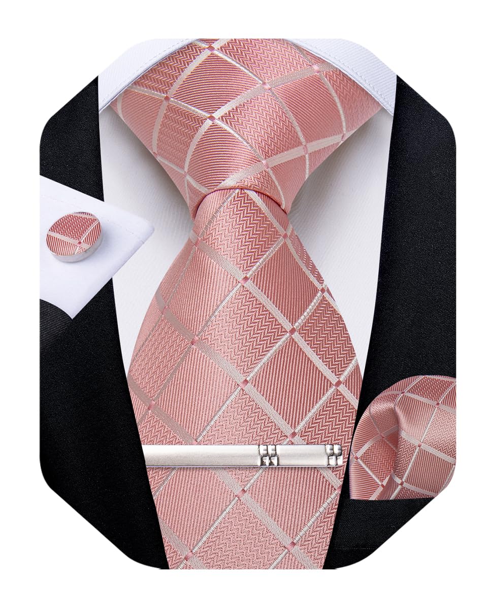 DiBanGu Mens Silk Plaid Tie and Pocket Square Set