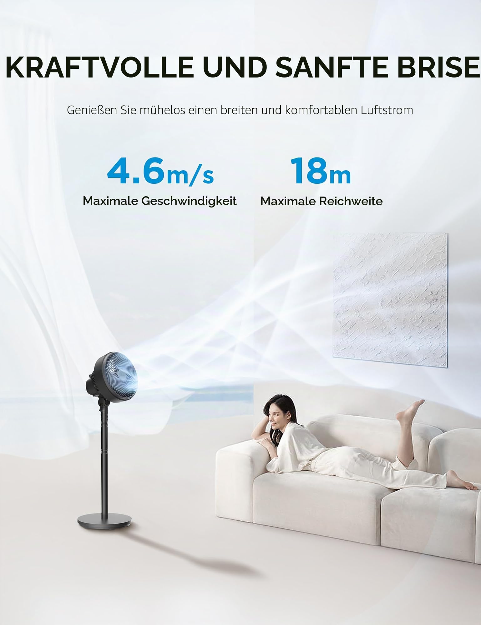 Midea Standventilator FG18-22LAPHSE(BL) 6 Turbo-Flügel, geräuscharmer DC-Motor, 15 Geschwindigkeiten und 4 Modi, Oszillation 30°-120°, Timer 24h, Höhe verstellbar 78-110