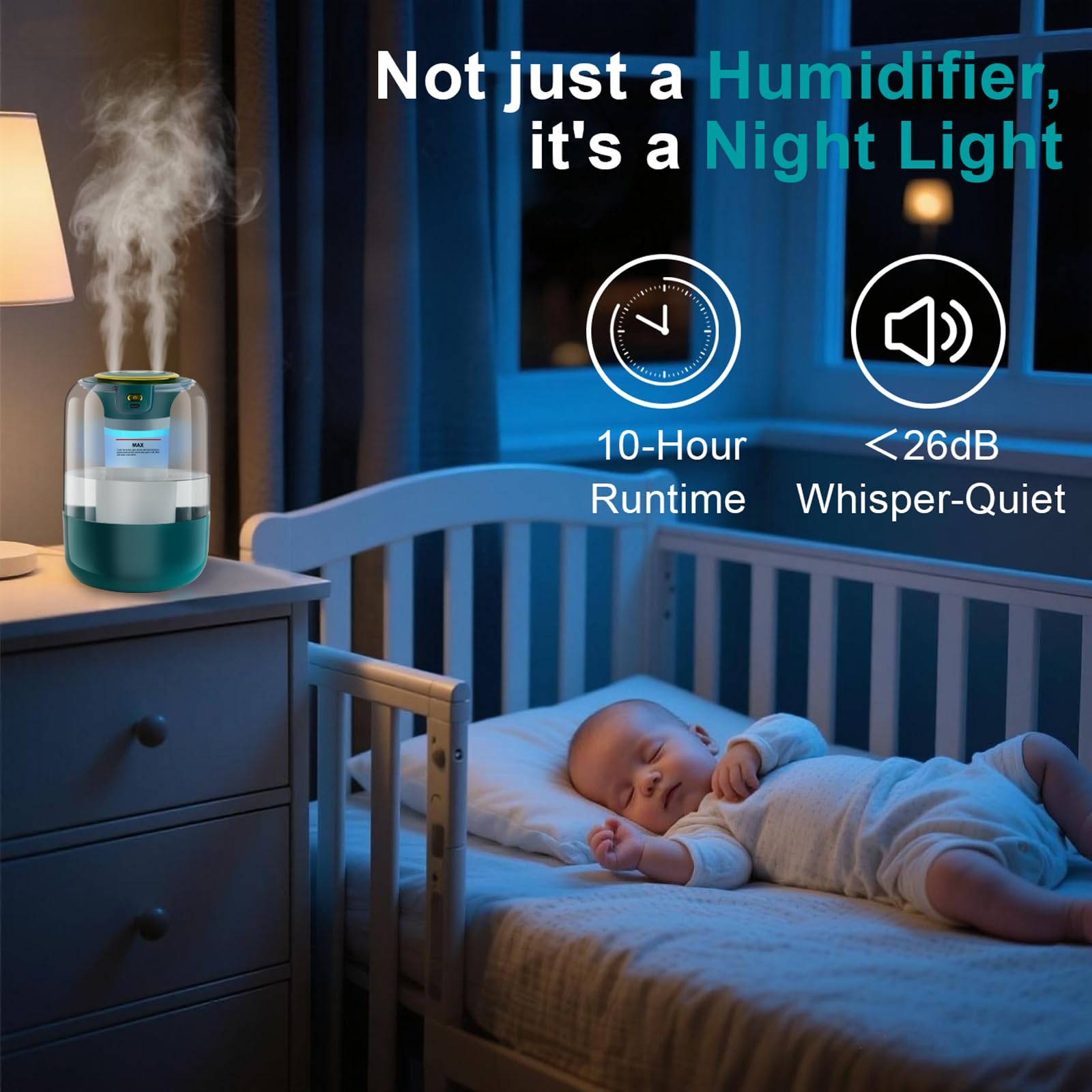 Humidificadores de 2.2 L para dormitorio, humidificadores de niebla fría con temporizador, perilla digital, humidificador pequeño silencioso de 26 dB para bebé, guardería y plantas con luz nocturna