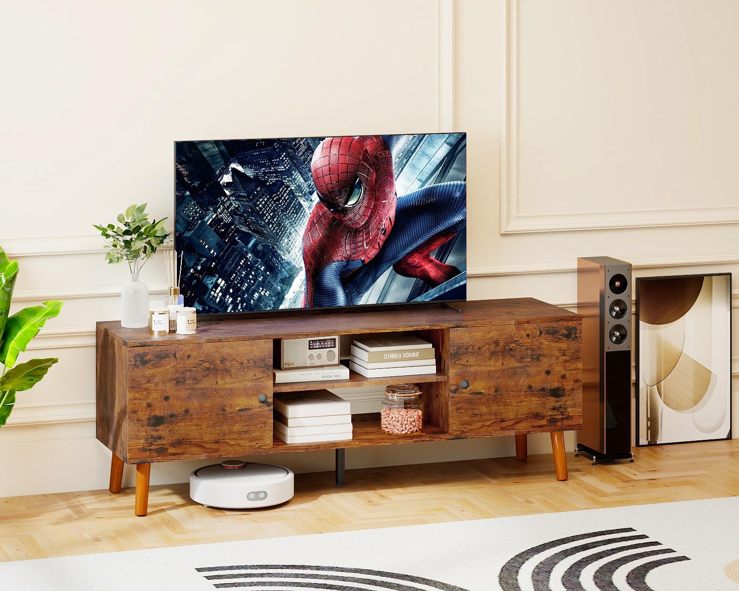 FDW TV Stand for 55 60 Inch TVs,Entertainment Center with 2 Storage Cabinets and Open Shelves, Modern Media Console Table for Living Room, Bedroom, Home Office,Brown - Image 2