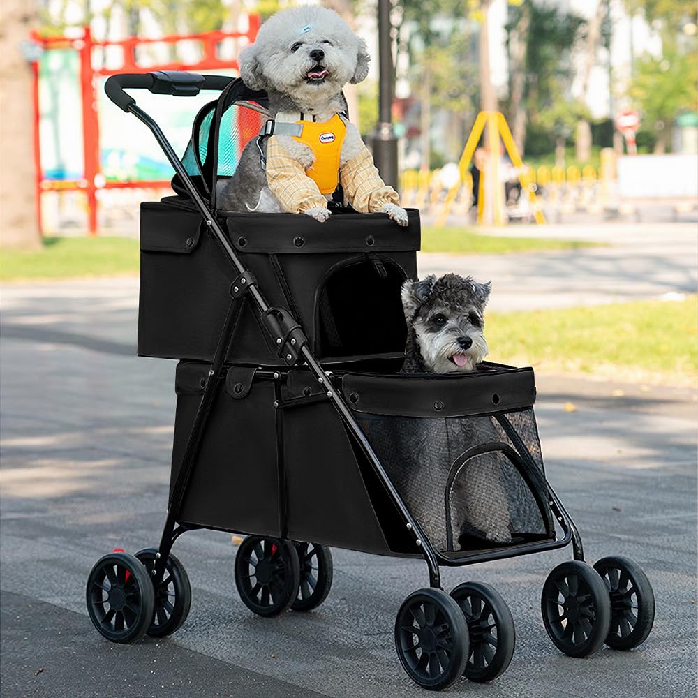 Double Couche Poussette pour Chien Chat Animaux, Animaux Voyage Poussette, Pliable Chien Chat À Quatre Roues Chariot/Landau Jogger/Poussette Buggy-67 * 50 * 95cm- Noir