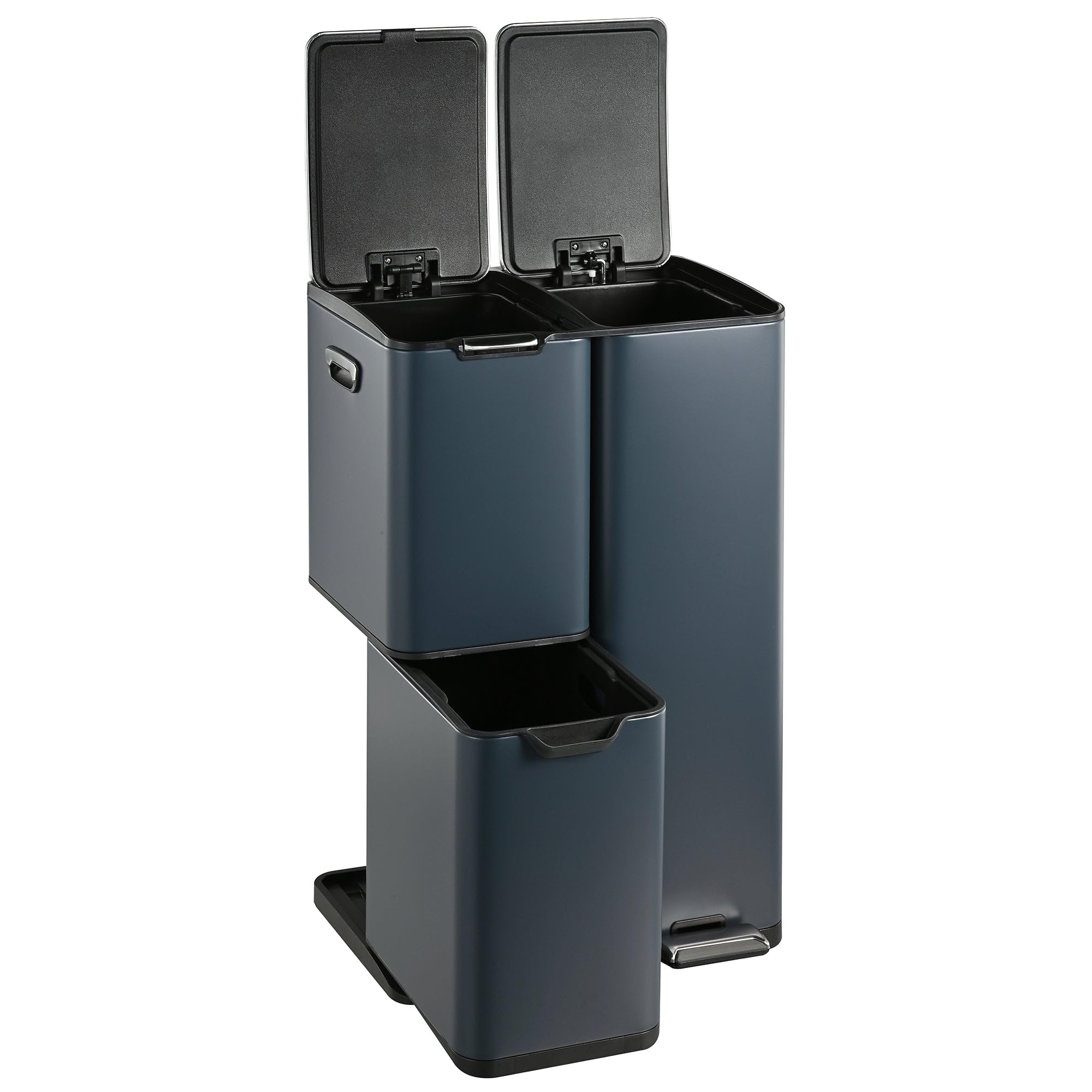 KITCHEN MOVE Poubelle de cuisine à pédale tri sélectif recyclage 60L(13+17+30L) HAJA en acier Inox Gris avec seau