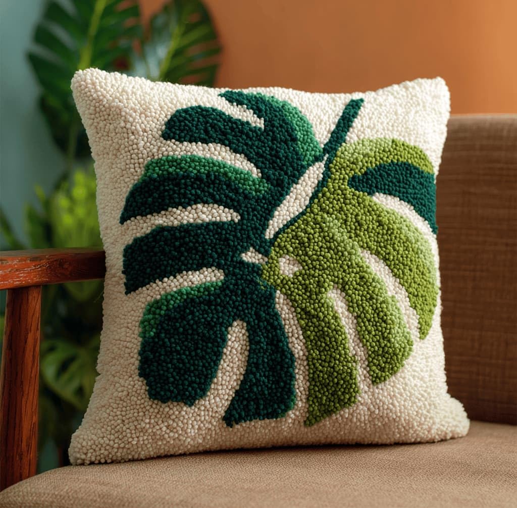 Kitquiver Latch Hook Cushion Kit,Leaf DIY Throw Pillow Cover 43X43Cm