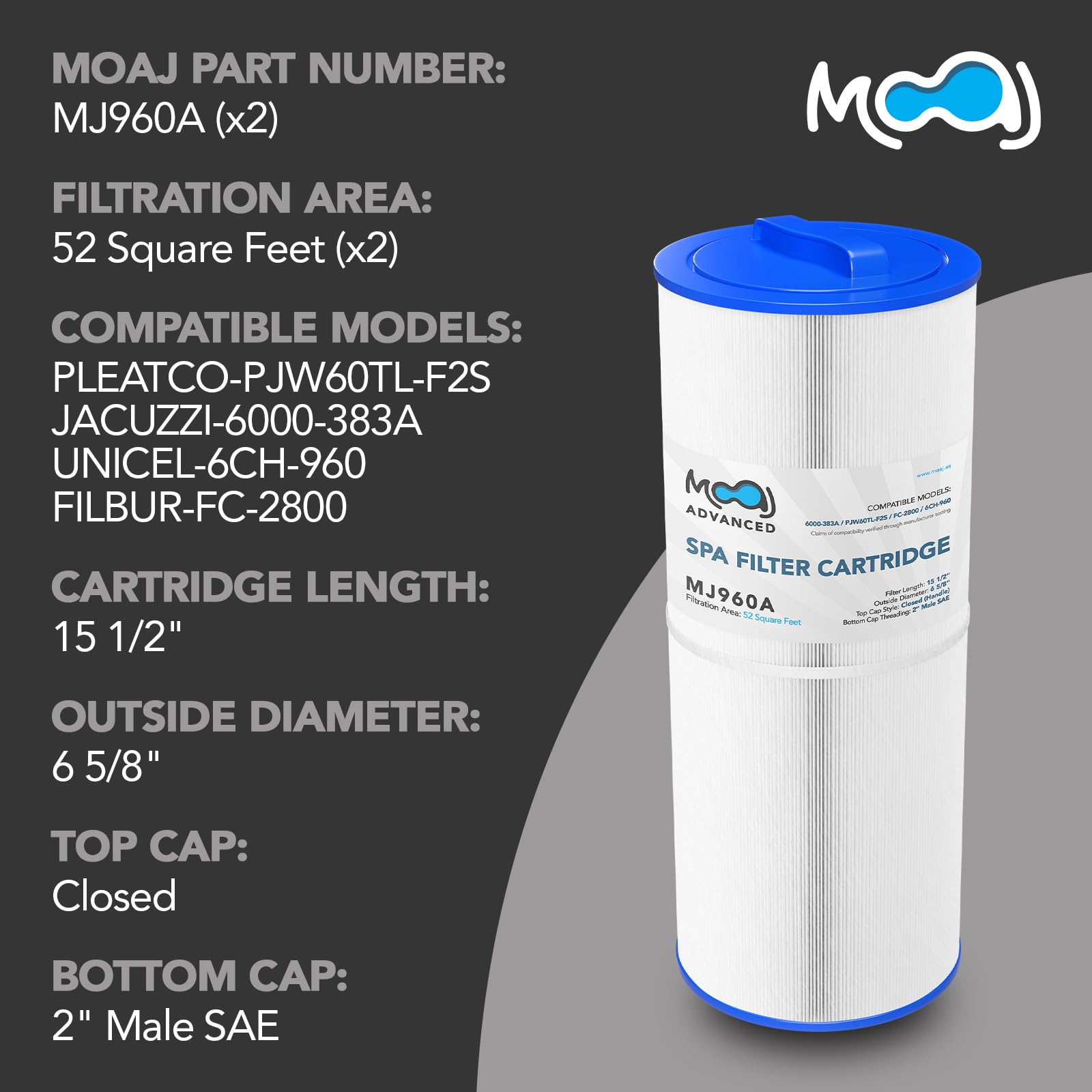 MOAJ Advanced Spa Filter 2-PACK Replaces PJW60TL-F2S, Jacuzzi J-300, J-400, 6000-383A, Filbur FC-2800, Unicel 6CH-960, Sundance Spas 6540-476, 6540-383 | 15 1/2
