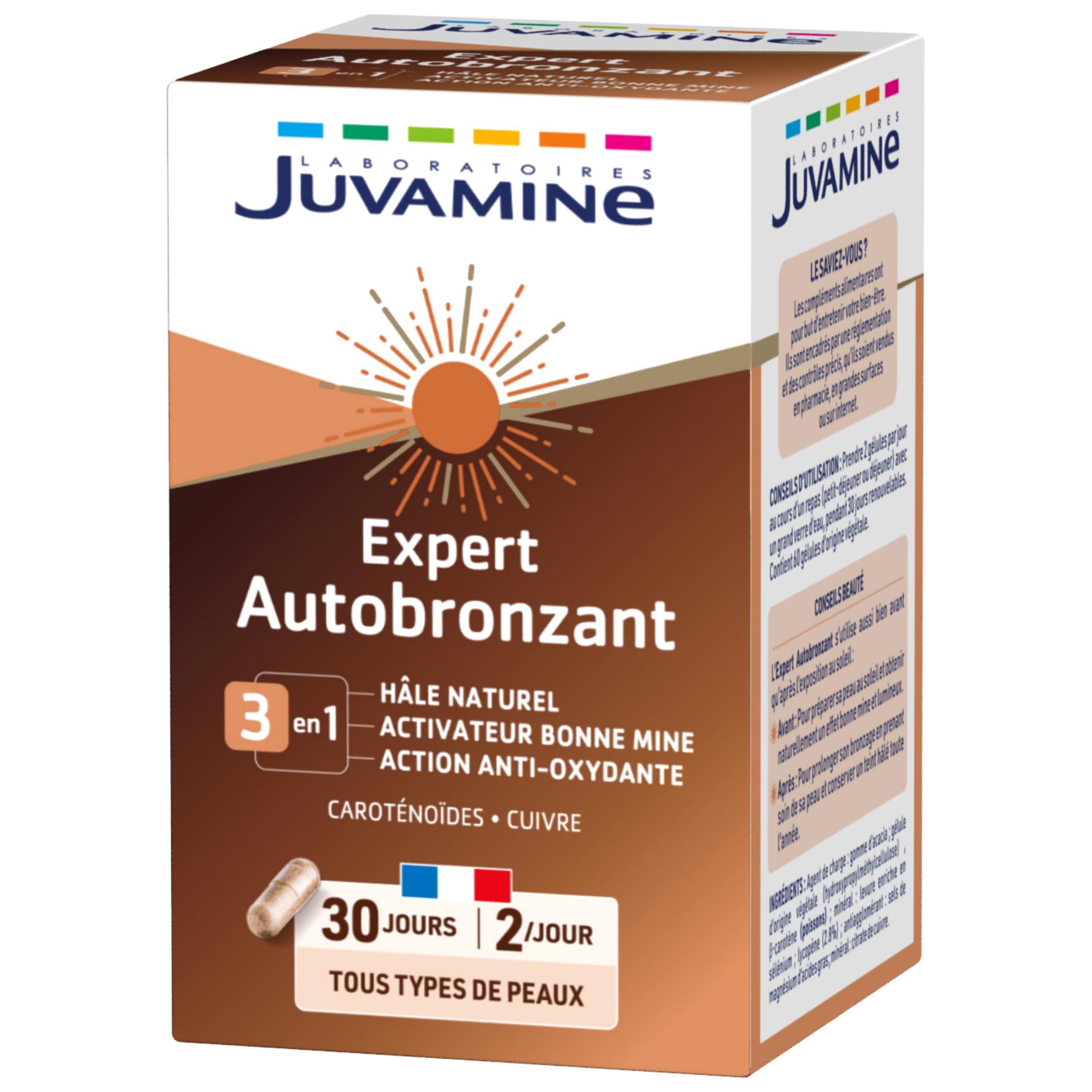 JUVAMINE Expert Autobronzant 3 en 1, Bonne Mine, Action Anti, Oxydante, Hâle naturel, Caroténoïdes, Avant et Après une Exposition au Soleil, Programme de 30 jours, 60 gélules, Fabriqué en France