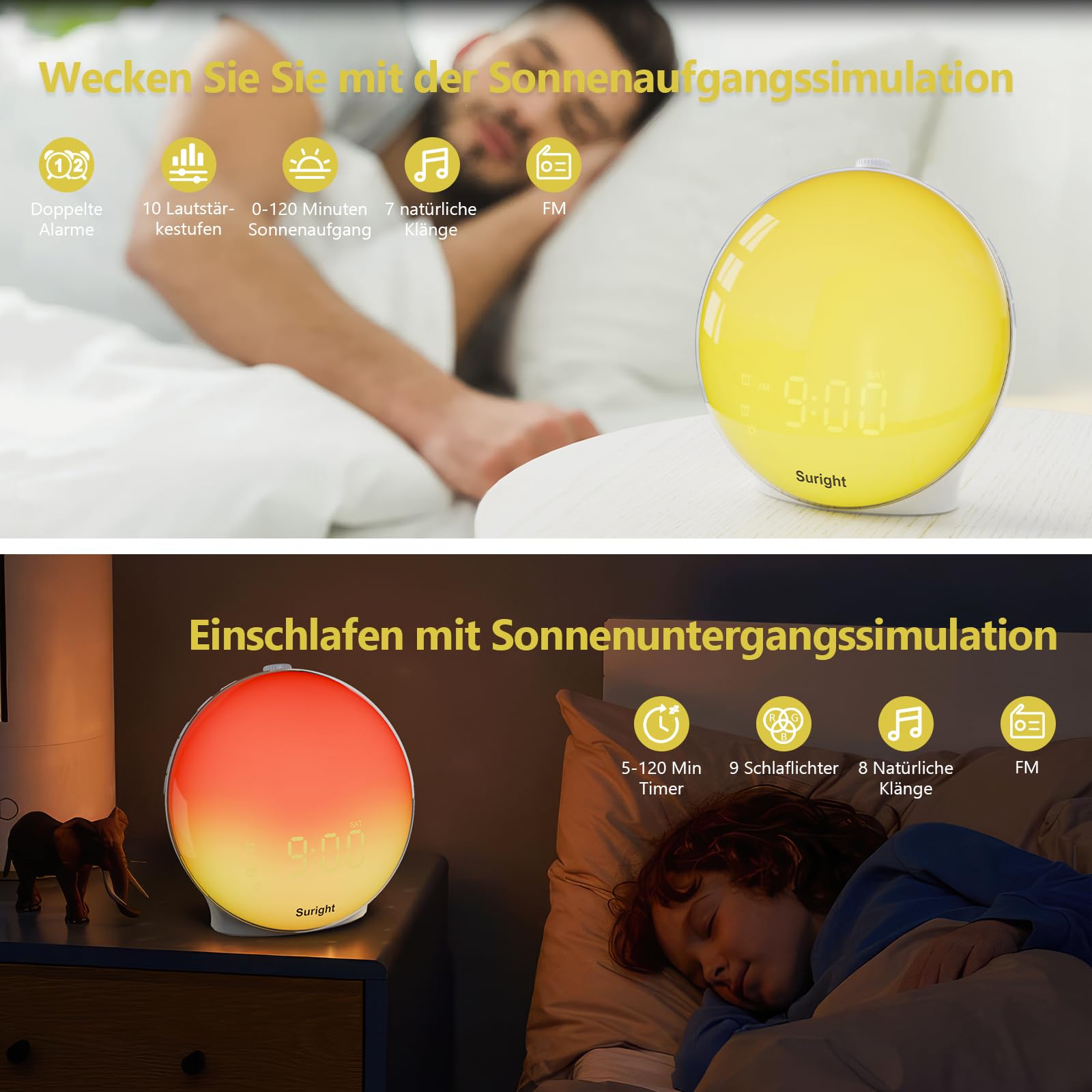 Suright Lichtwecker Tageslichtwecker, Wake Up Licht Wecker, Sonnenaufgang Sonnenuntergang Simulation Wecker Radio 15 Naturgeräusche 2 Alarmen Snooze 18 Farblicht 20 Helligkeit Nachttischlampe
