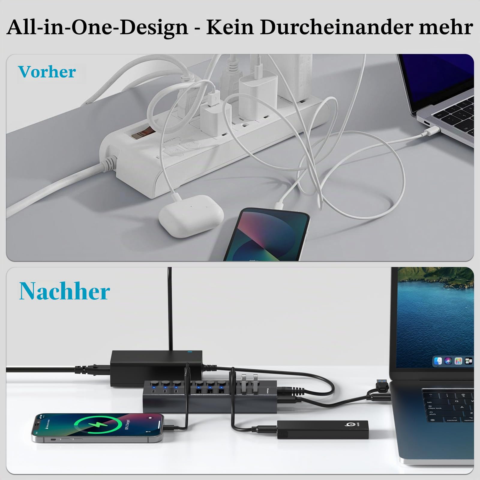 10 Port USB Hub mit Netzteil 60W - 10Gbps USB 3.2 Gen 2 Hub Aktiv aus Aluminium mit 6 USB-A & 4 USB-C Ports Individuelle EIN/Aus Schalter BC1.2 Schnelladung für MacBook, PC, Laptop