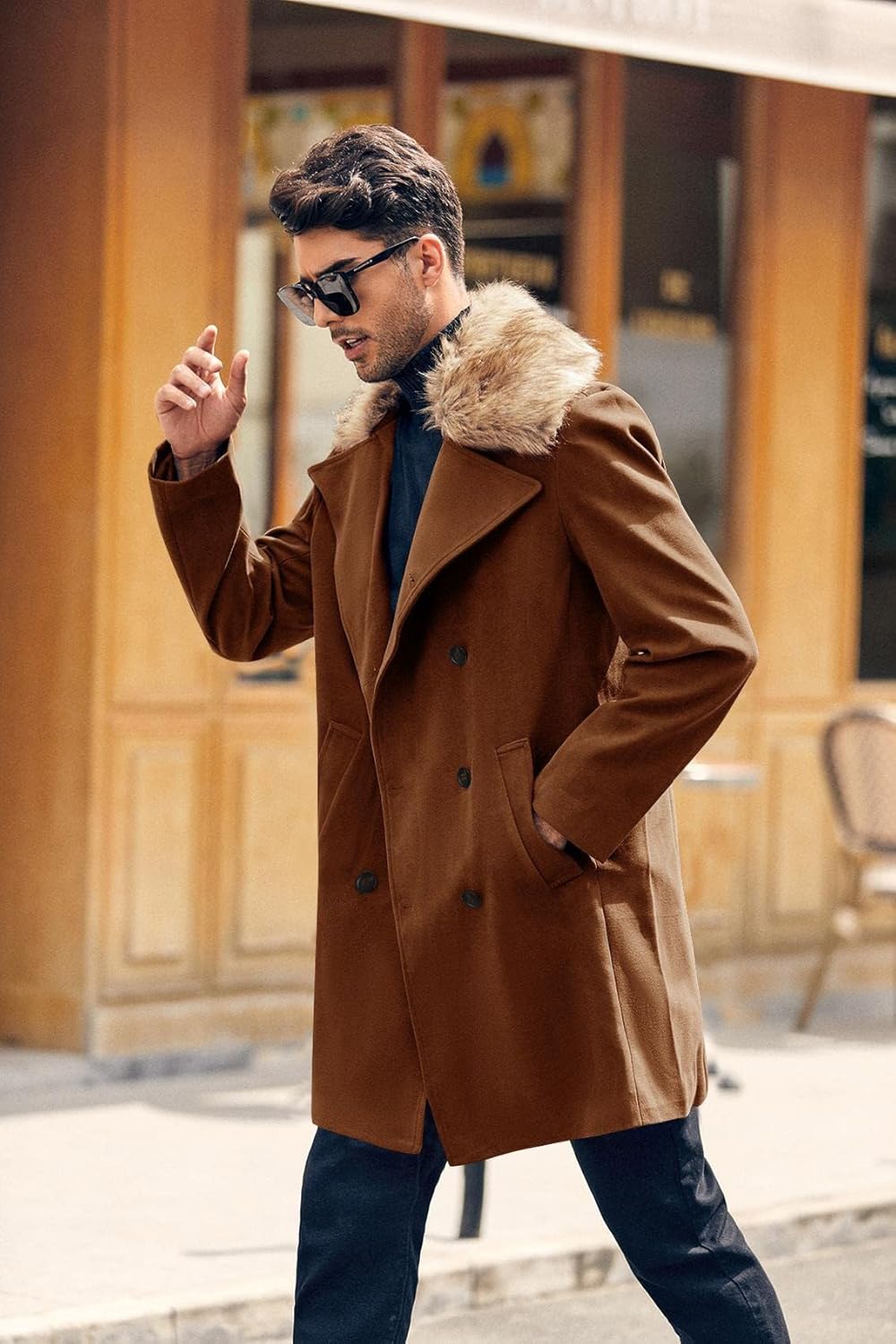 PASLTER Men's Winter Trench Overcoat Removable Faux Fur Collar Top Coat Double Breasted Business Long Pea Coat - Image 3