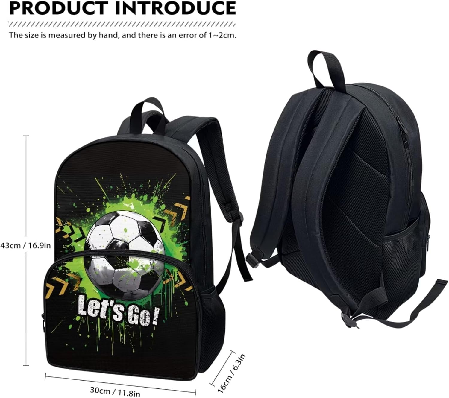 Xoenoiee Football Green Paint Pattern 3Pcs Bookbag+Lunch Box+Pencil Bag for Students 17in Large School Bag Backpack Set for Boys Girls Back To School