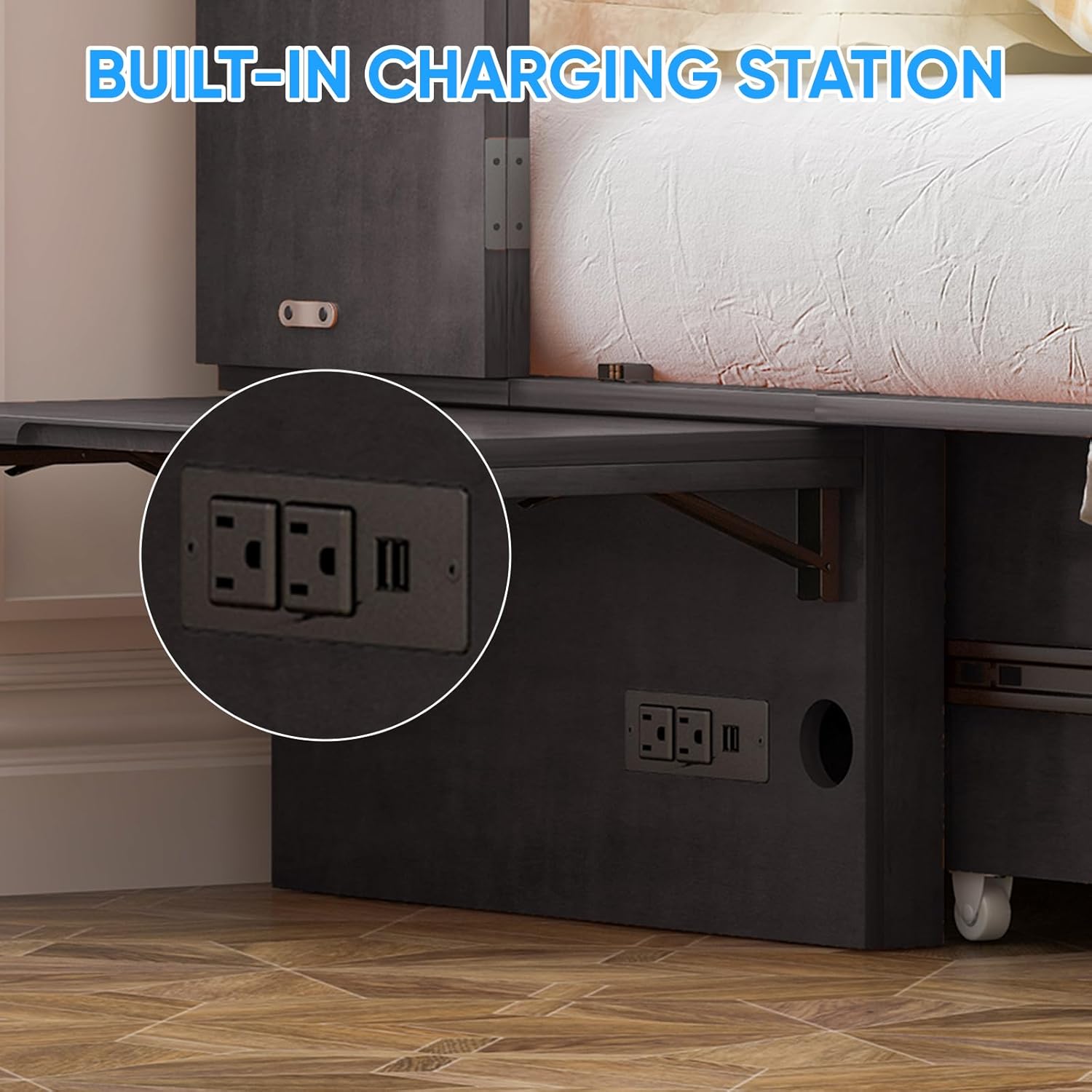 PUREMIND Murphy Bed Queen with Mattress Included - Solid Wood Hideaway Cabinet Bed with 2 Storage Drawers, USB Charging Ports & Headboard - Space-Saving Chest Beds for Home, Guest Room, Gray | 1000 LBS, USB & AC Ports, Storage Drawer, Easy Assembly, Sturdy Frame, Space-saving Fold