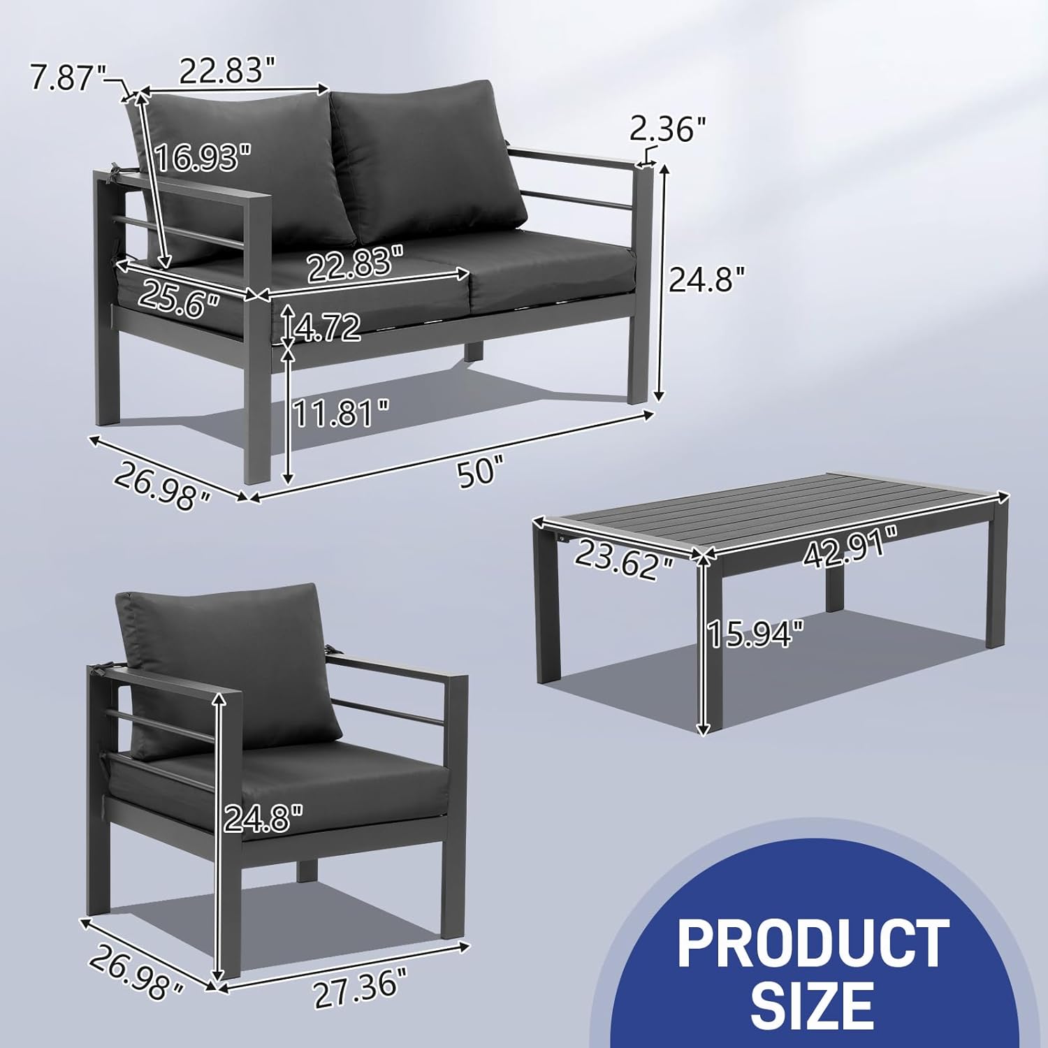 VINGLI Outdoor Furniture Aluminum Patio Furniture Set, Aluminum Outdoor Sofa and Coffee Table Modern Patio Sofa Set Patio Sectional Set for Patio Lawn, Garden, Backyard (Gray)