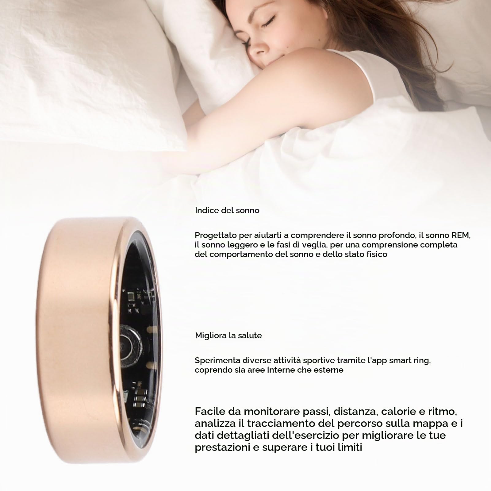 Smart Ring Health Tracker, Monitoraggio del Sonno, Anelli per Fitness Tracker Bluetooth Impermeabili Indossabili con Monitoraggio 24 Ore su 24, Misura 8