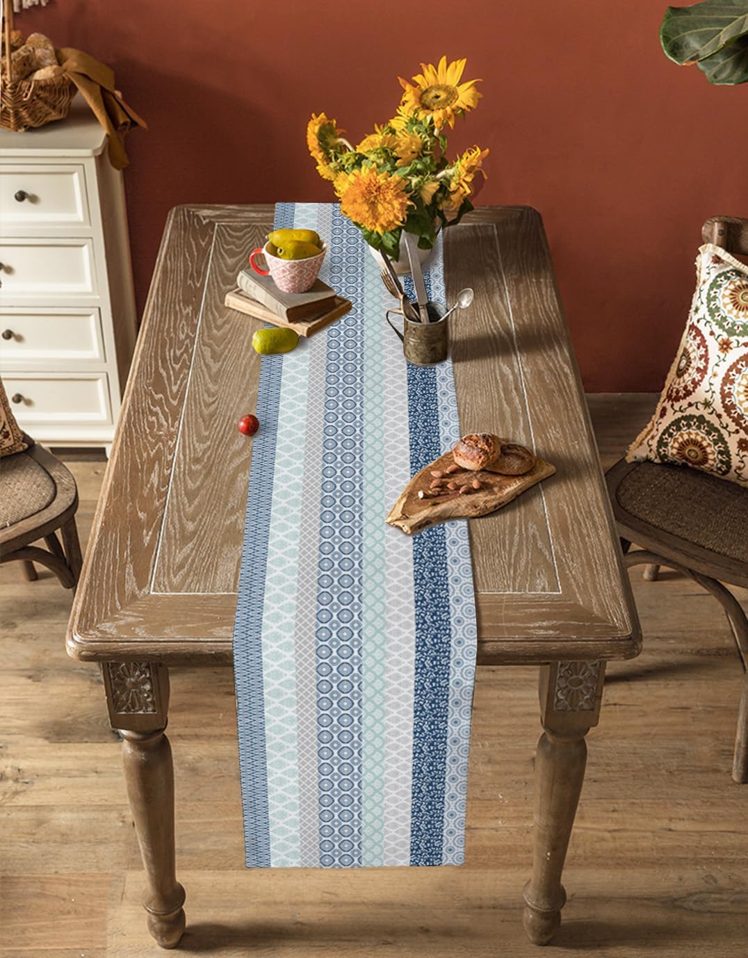 Abstract Cotton Linen Table Runner Ethnic Tribal Dresser Scarf 13x90In, Washable Kitchen Dinning Table Runners Decor for Indoor Outdoor Party Holiday Wedding Minimalist Hippie Style