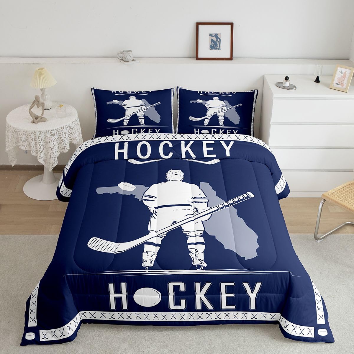 Feelyou Ice Hockey Comforter Set Ice Hockey City Bedding Set Queen Size Gifts for Men Women Boy Lacrosse Duvet Quilt Winter Sports Duvet Modern Fashion Bedroom Decor