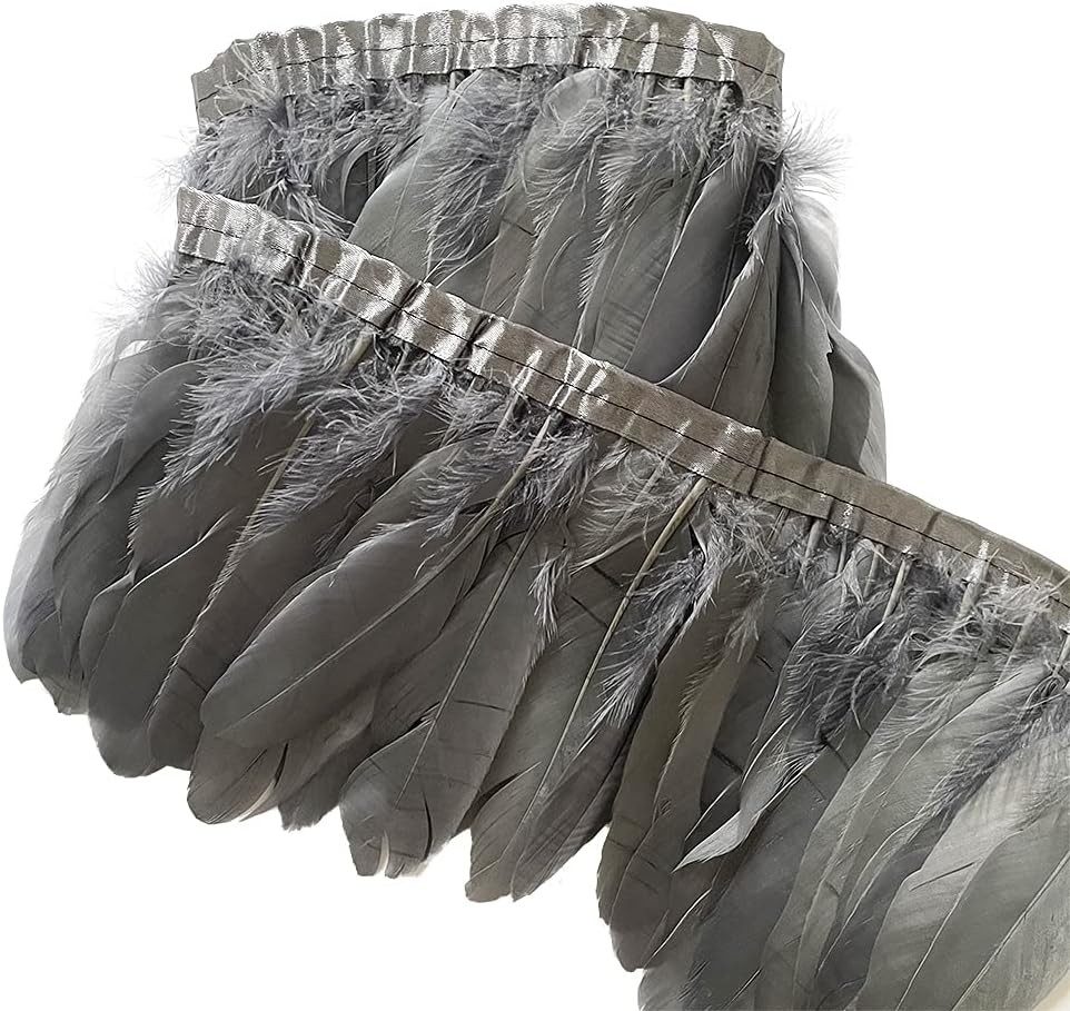 LONDGEN Grey Goose Feather Fringe Trim 2 Yards 6-8inch for Party Clothing DIY Sewing Craft Wedding Dress Decor