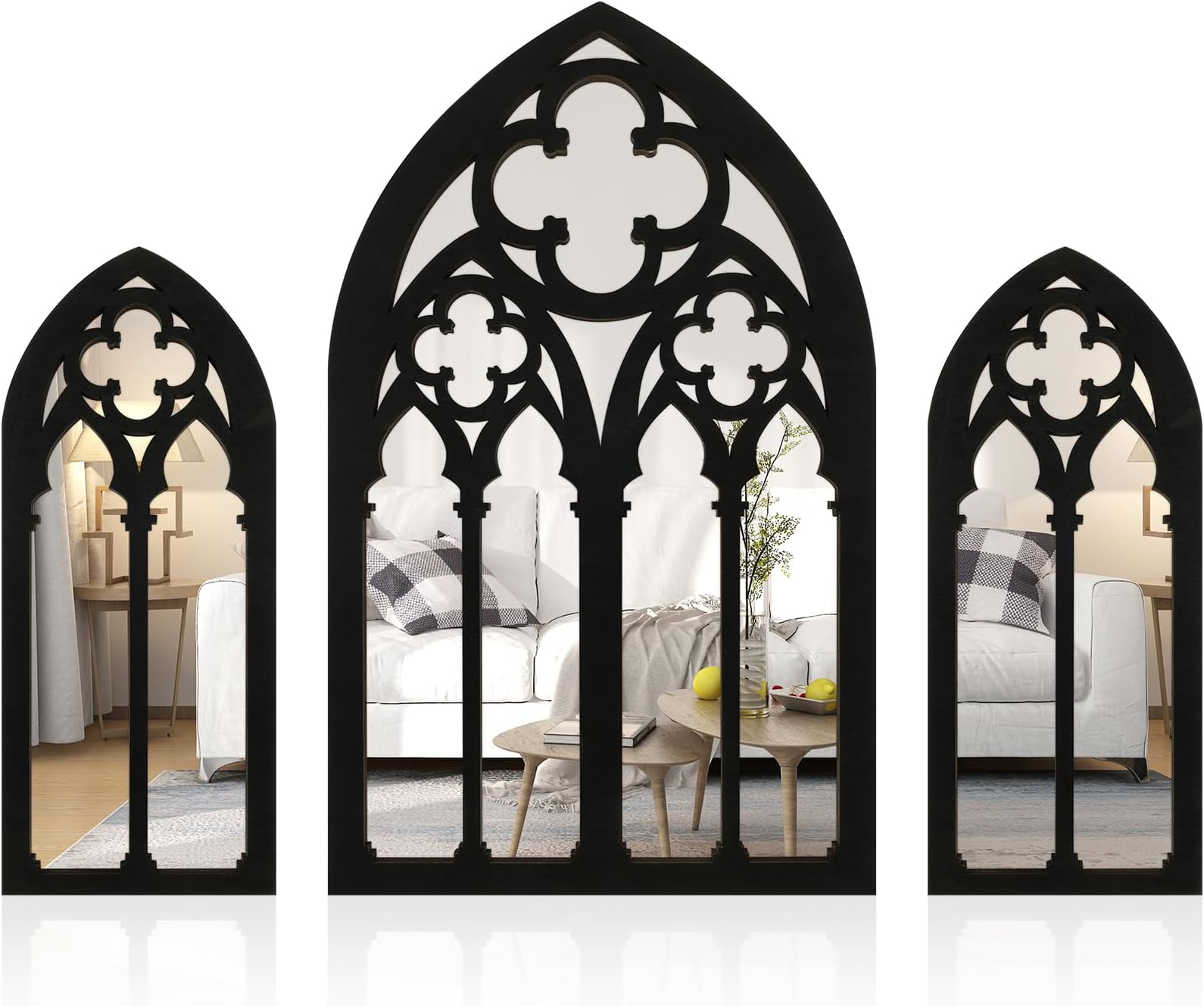 BAODBF 3Pcs Gothic Mirrors Wall Decor,Arched Window Wall Mirror,Large ...