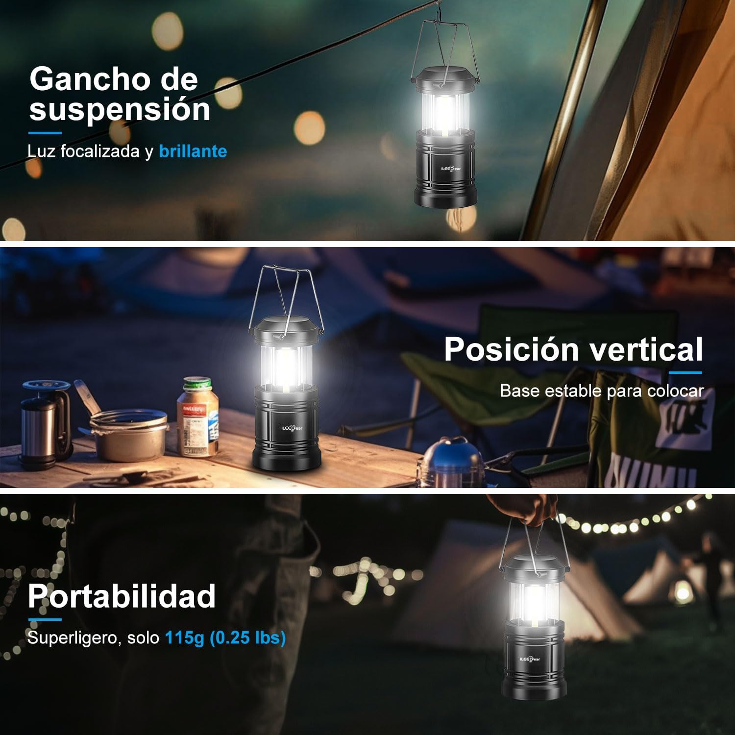 Linterna LED plegable iluminando zona oscura en interiores