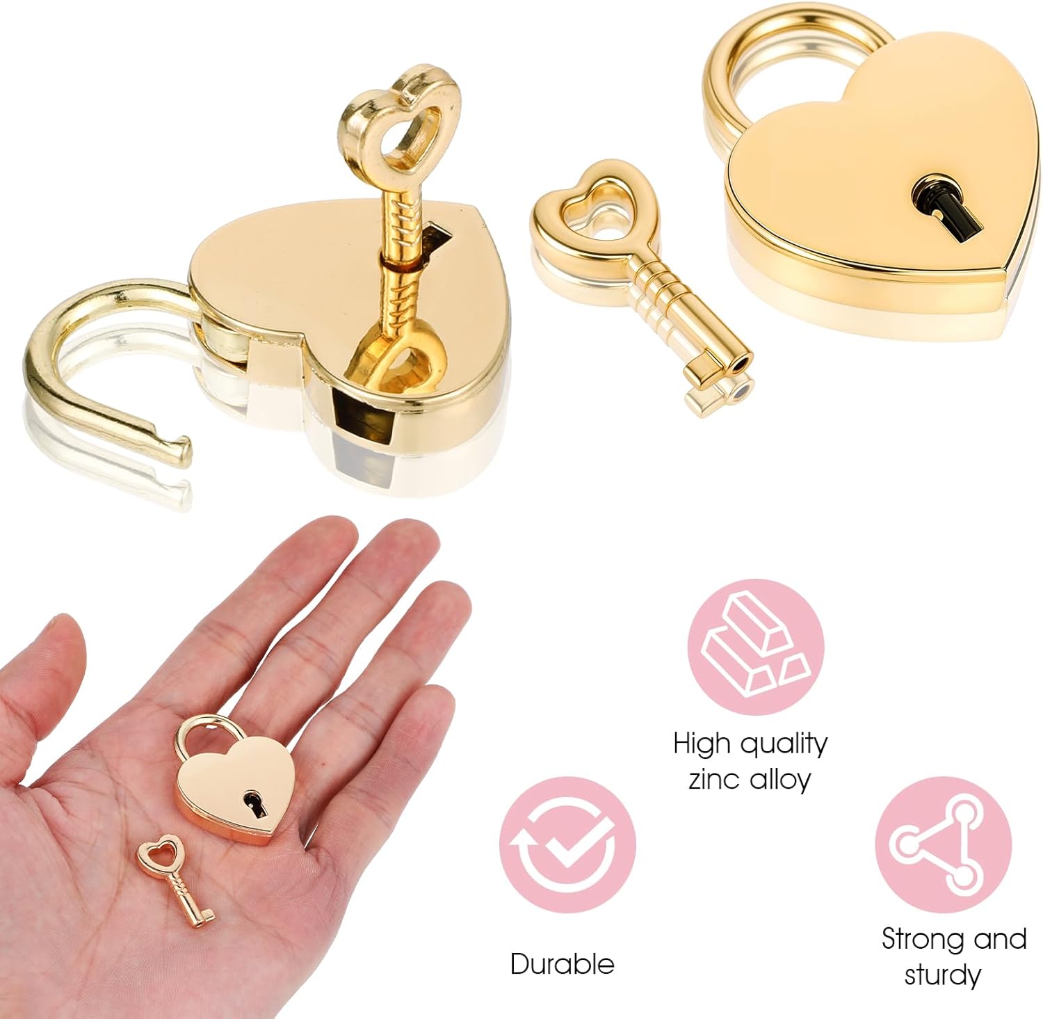 3 Pack Heart Shaped Padlocks Mini Heart Shaped Padlock with Key Small Gold Padlock Metal Decorative Locks Gold Notebook Hearts Locks for Jewelry Box Storage Box Diary Mini Bags