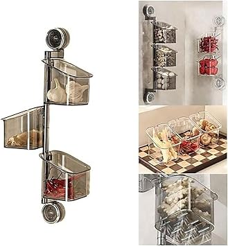 Suction Cup Rotating Organizer,Removable Hanging Drainable Bin Shower Shelf,Wall Mounted Drill-Free Storage Basket Container,Shower Toiletries Caddies for Kitchen Bathroom Gray, 3 Layers