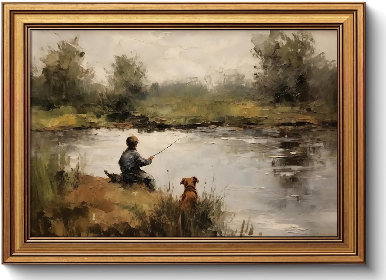 Gold Framed Wall Art Vintage Fishing Canvas Wall Art Boy and Dog Artwork Hunting Landscape Prints Rustic Cottagecore Picture for Living Room Farmhouse Office Decor, 16x24
