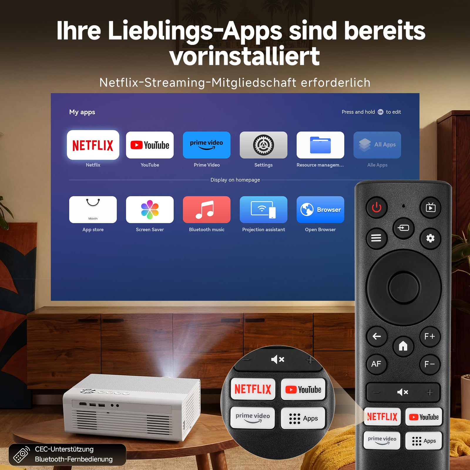 4K Smart Beamer mit WLAN & Bluetooth, KOGATA Projektor mit Autofokus, 6D Keystone, HDR10+ | Kompatibel mit Netflix-App & Dolby Audio | Heimkino Beamer für Garten & Streaming ohne TV-Stick