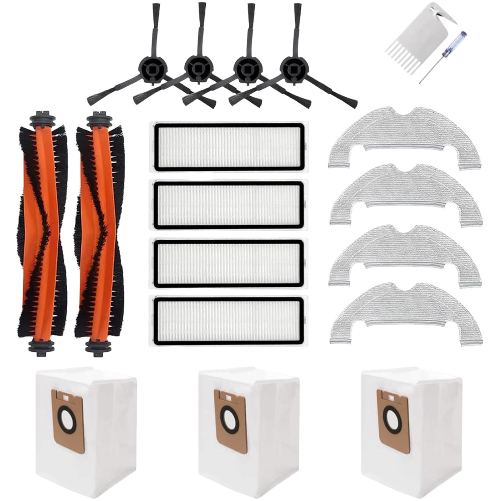 19Pcs Accessories for Dreame Bot Z10 Pro L10 Plus Vacuum Cleaner, 2 Main Brush, 4 Side Brush, 4 HEPA Filter, 3 Dust Bag, 4 Mop Cloth, 2 Tools