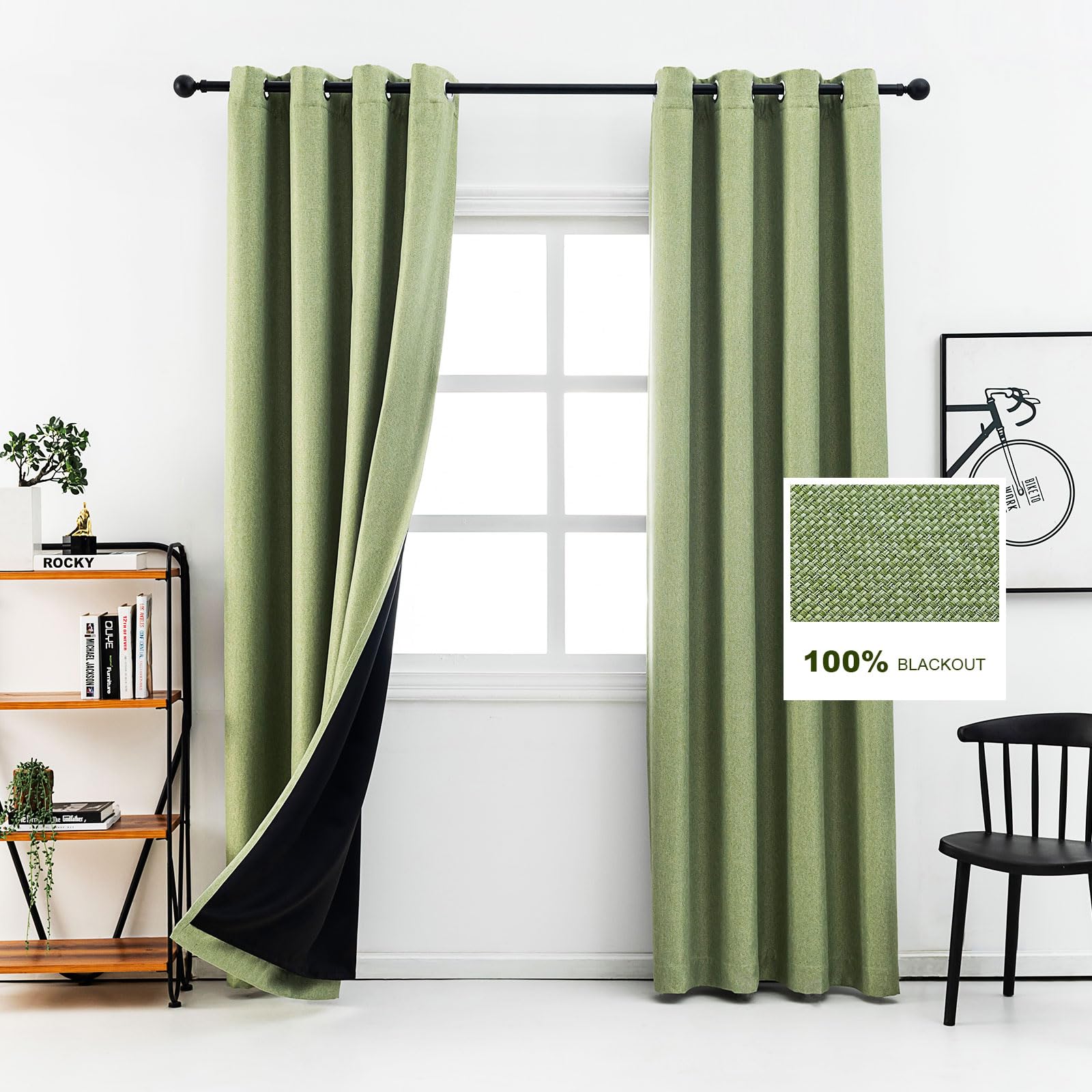 Anjee 100% Full Blackout Curtains for Bedroom 84 Inches Long 2 Panels Set, Textured Linen Living Room Darkening Curtain Light Blocking Window Drapes with Thermal Insulated Liner,Green,52 X 84 Inch