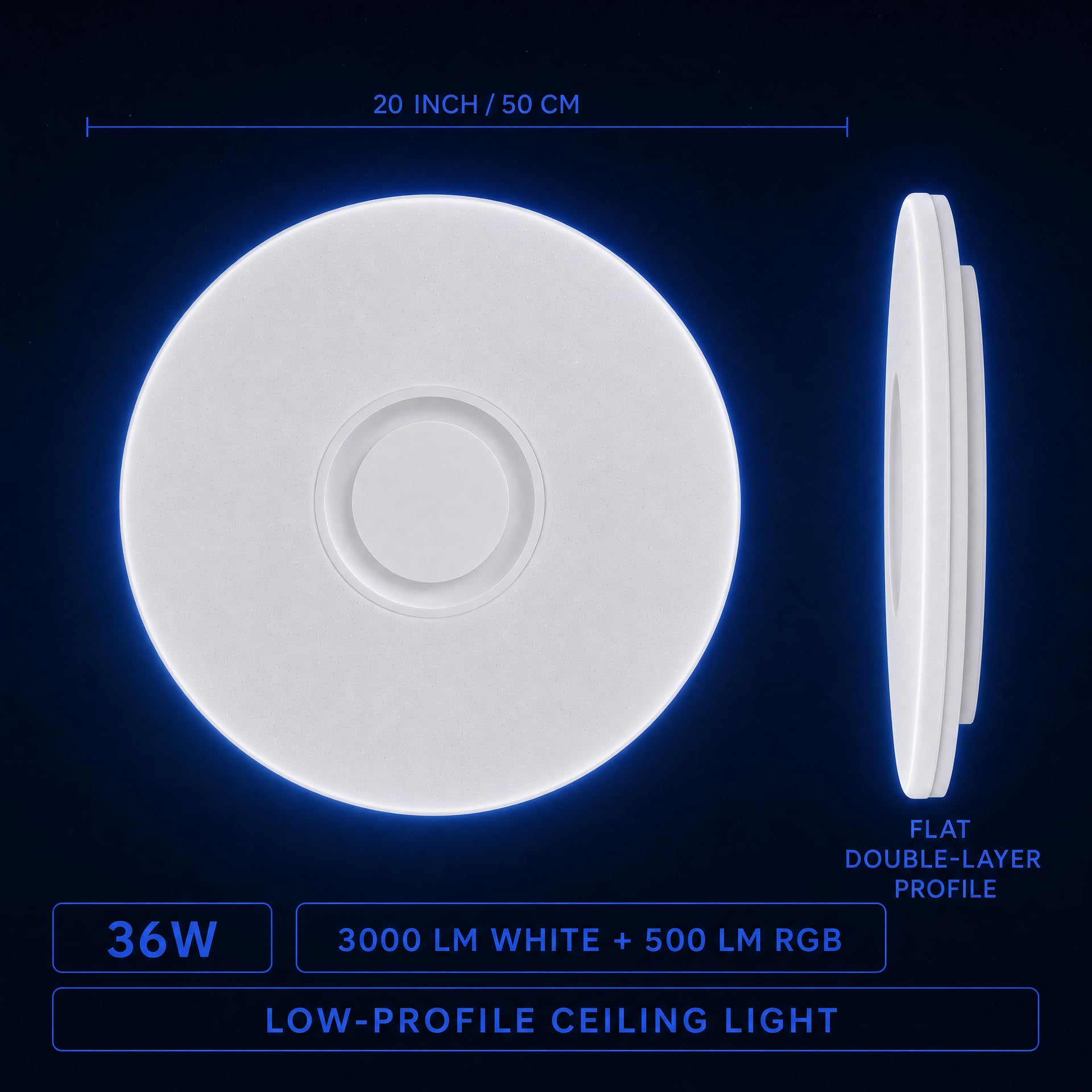LED Plafoniere a led da Soffitto Telecomando Luci with Bluetooth Oratore Multi Color Cambiamento e Dimmerabile, 36W 50cm, Bianco/Caldo 3000K-6500K, 3000LM, Smartphone APP (, Certificato CE)