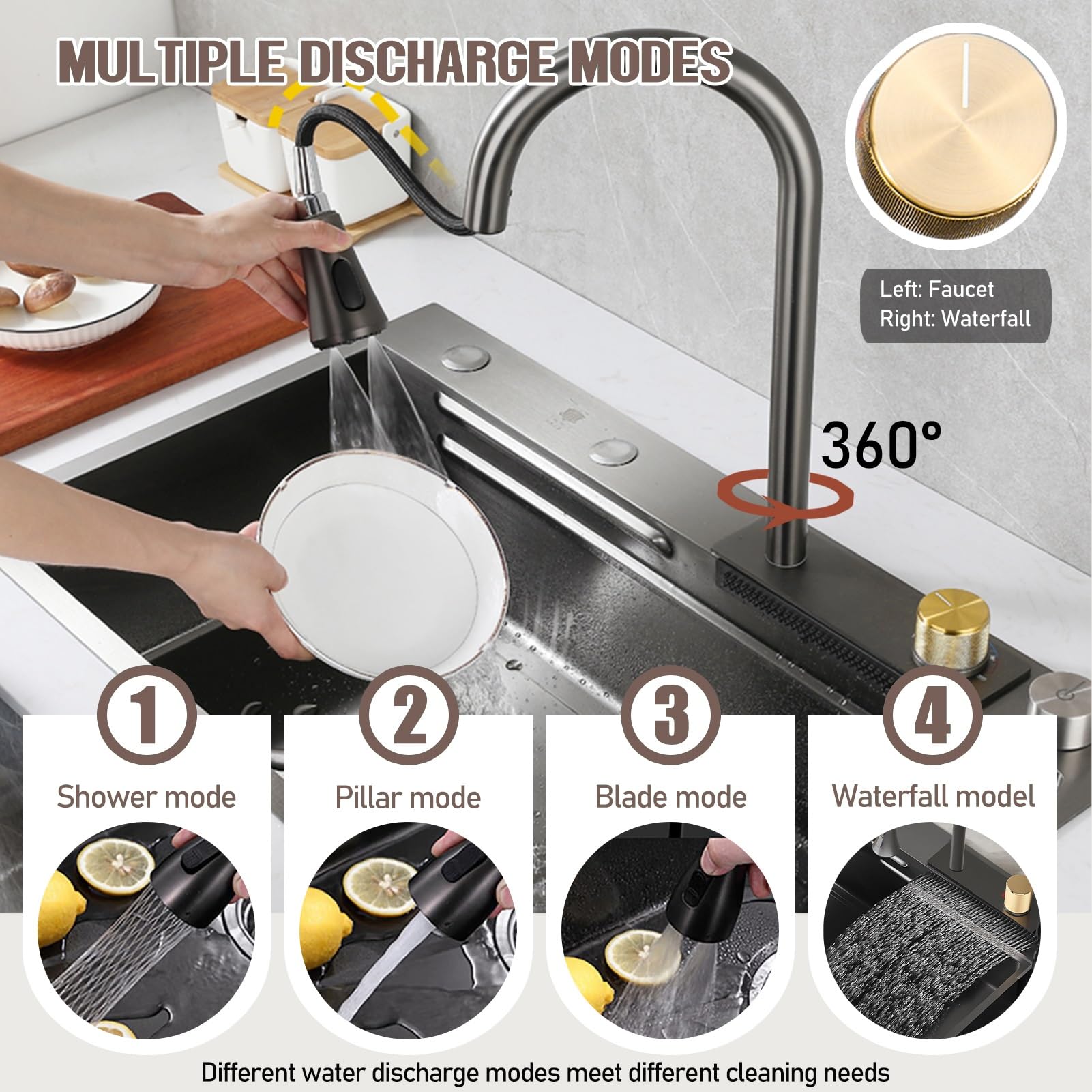 Fregadero De Cocina De Acero Inoxidable De Montaje Superior De Color Gris Negro, Estación De Trabajo Con Barra En Cascada De Gran Capacidad, Salida De Drenaje Derecha, Tazón Único Nano Para El Hogar,