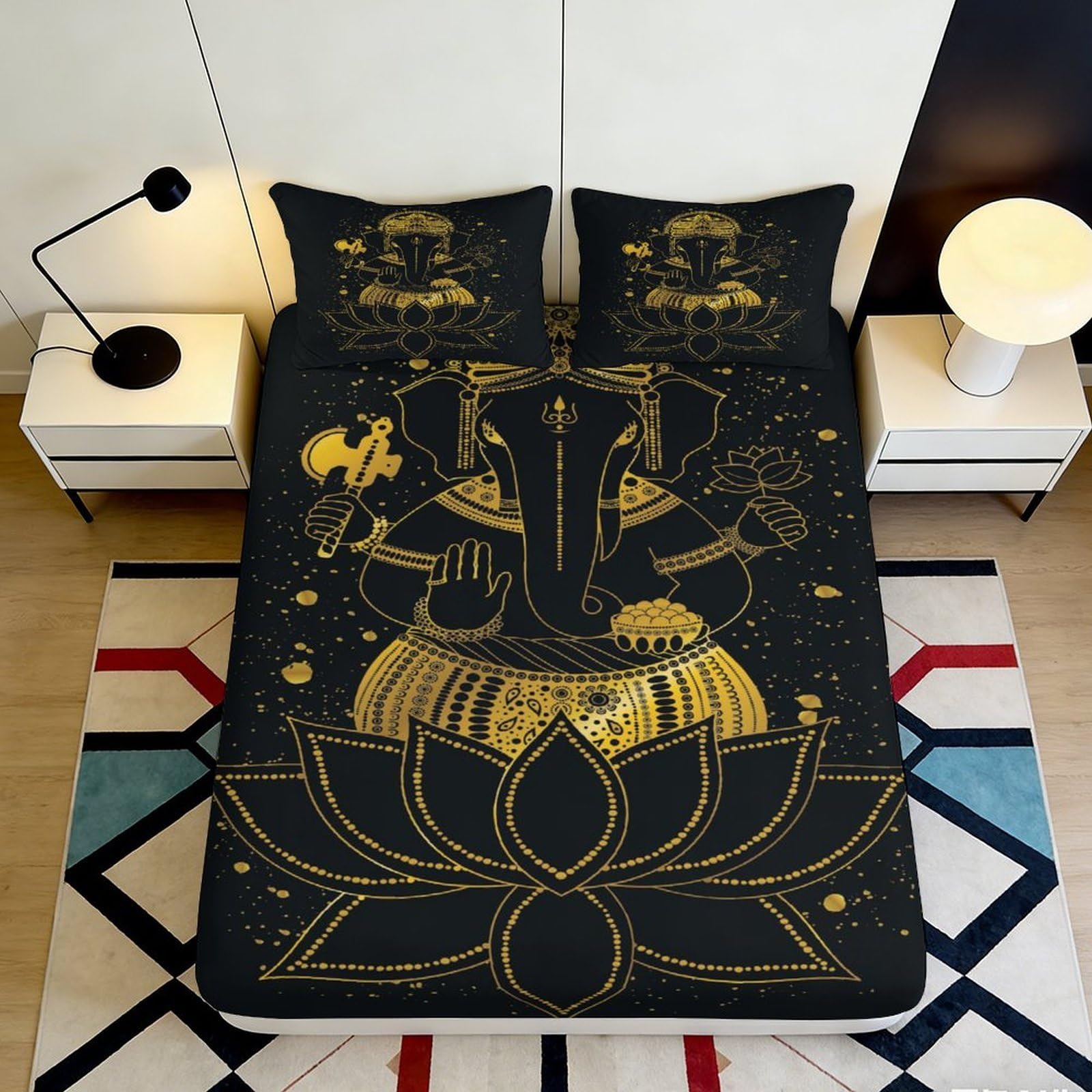 3D Printed Golden Lotus Fitted Sheet Microfiber Soft Black Mandala Mattress Cover for Bedroom Dorm Decor 90x200x25cm