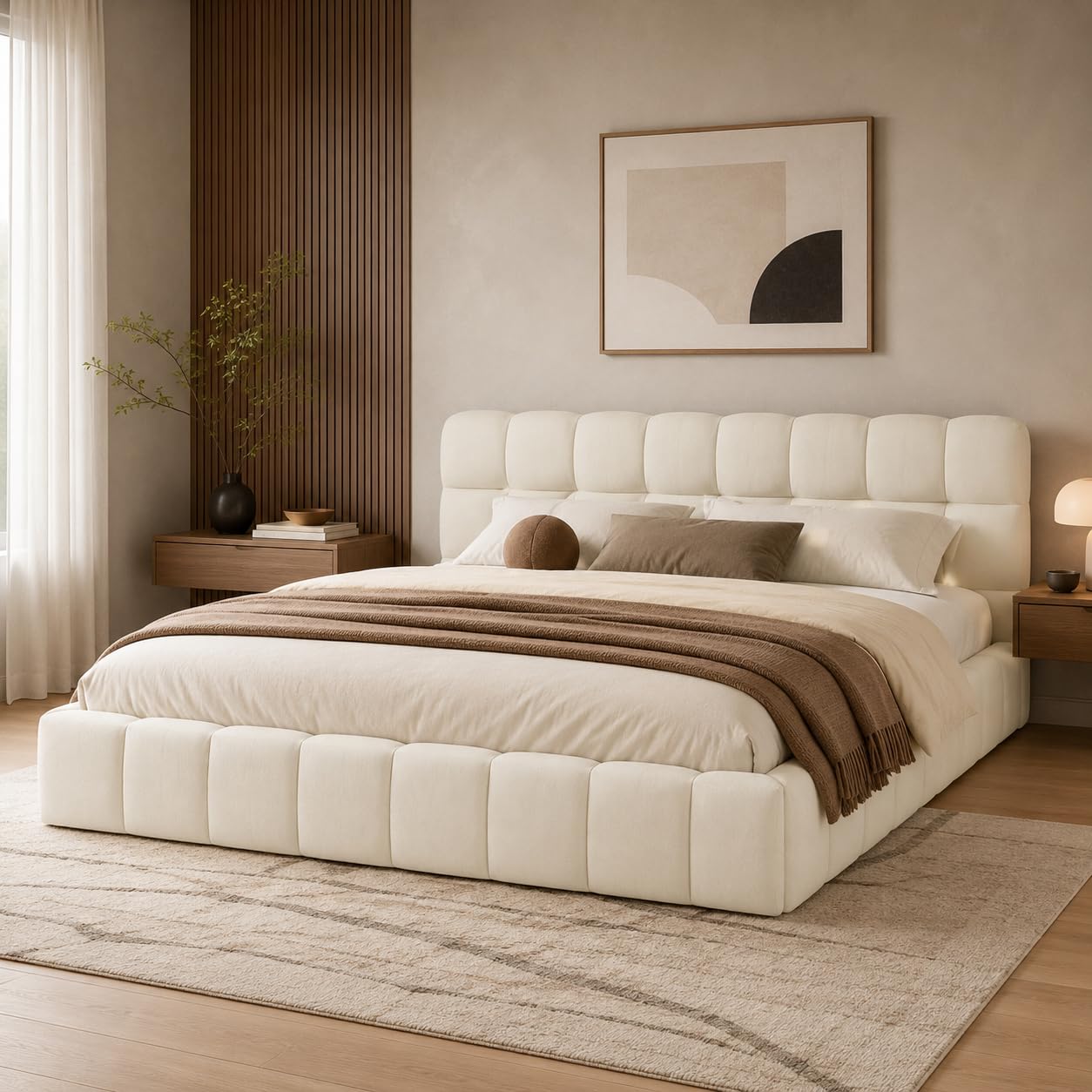 Polsterbett Bubble Bett 140x200, Doppelbett Polsterbett 140x200 Beige, Jugendbett Flachbett Gästebett Bettgestell Mit Lattenrost Und Kopfteil, Leinen, Ohne Matratze (Beige, 140x200cm)