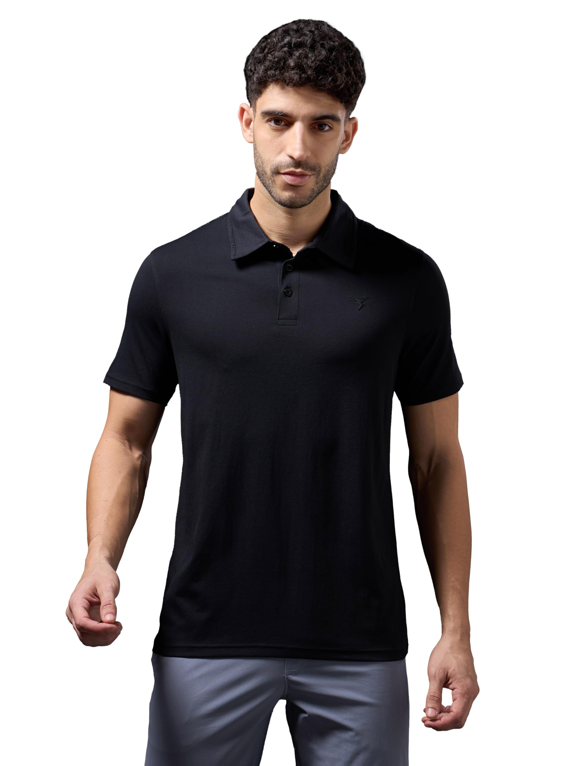 TECHNOSPORT Men's Solid Slim Fit Polo Collar T-Shirt COTFLEX Half Sleeve Button Polyester for Gym Running Workout UPF50+ Anti Odour