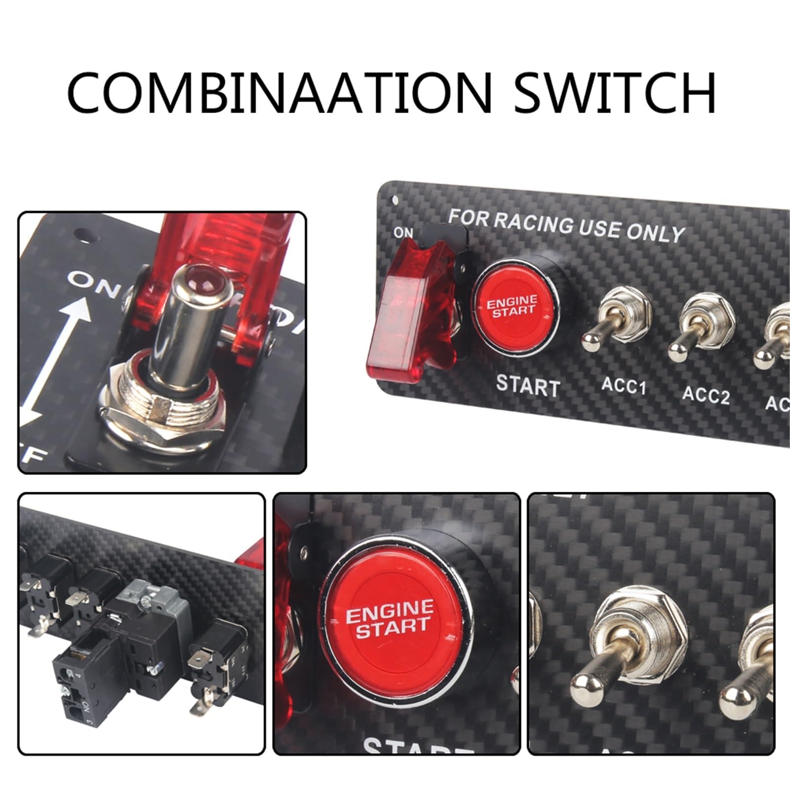 Przełącznik zapłonu Panel przełączników zapłonu do samochodów wyścigowych 12 V, przyciski rozruchu i zatrzymania silnika, panel kołyskowych LED, karbonowy ciężarówek