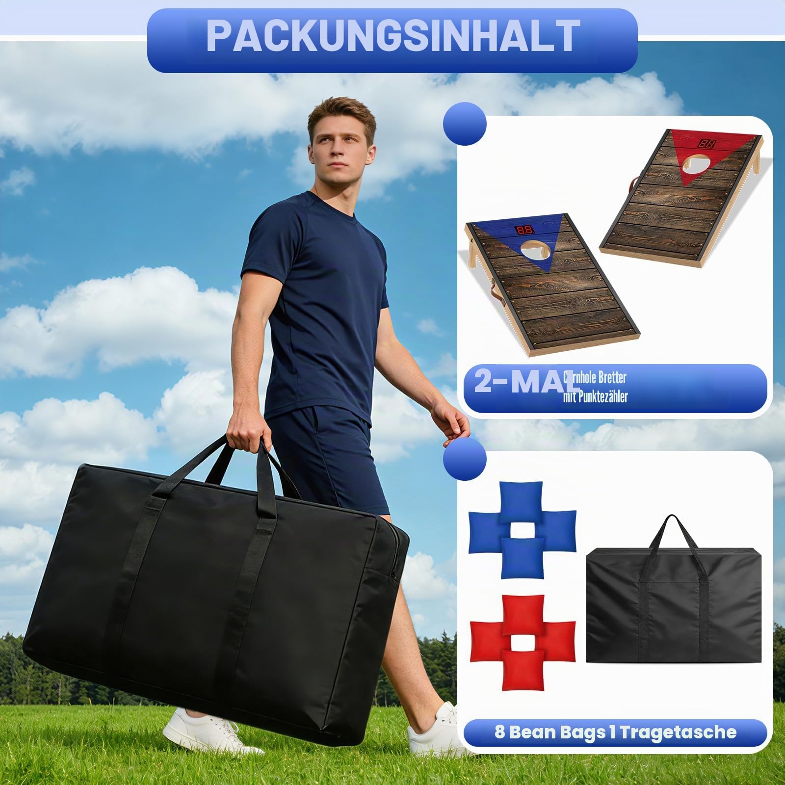 NZQXJXZ Cornhole Spiel Outdoor mit Automatischem Punktezähler, Massivholz Premium Corn Hole Boards, Cornhole-Wurfset mit 8 Cornhole Säckchen & Einer Tragetasche für Garten, Camping, Backyard