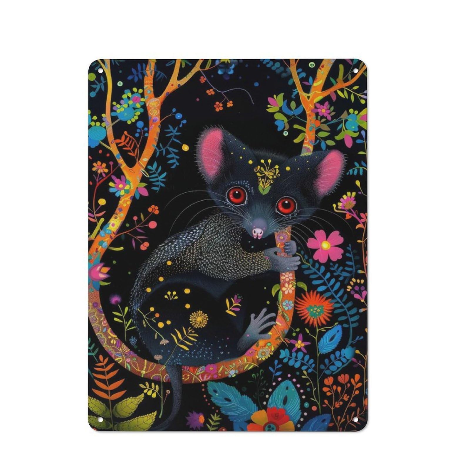 Junmoney Style Workshop Black Possum In Neon Floral Garden Tin Sign 40X30cm, Workshop Wall Decor For Tool Room, Garage, Studio Or Home Bar