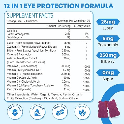 Miniatura 6 de Gomitas de luteína, suplementos de luteína y zeaxantina 12 en 1, vitaminas oculares para adultos, suplemento de salud ocular con múltiples vitaminas