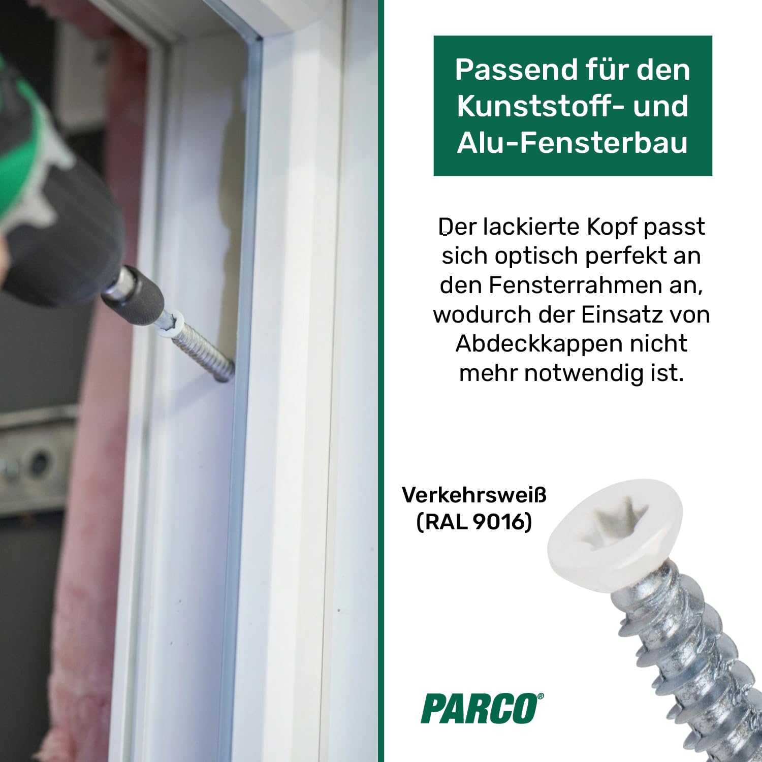 PARCO Vis pour cadre de fenêtre mm - Couleur - Vis de fenêtre galvanisée pour bois, plastique et aluminium - Pour montage sur fenêtre sans chevilles - Pour montage à distance (RAL 9016, 7,5 x 132 mm)