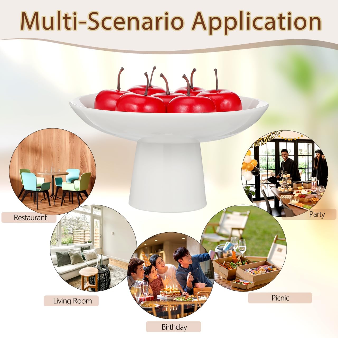 Ceramic Fruit Bowl with Pedestal: Decorative Serving Tray for Kitchen Counter & Dining Table White Footed Bowls for Fruits Desserts, 6.68 Inch