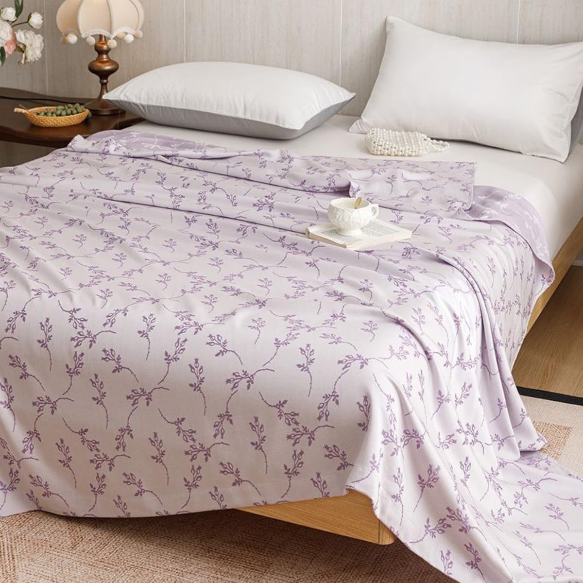 Surwin Coperta Rinfrescante Estivo per Chi Dorme Caldo, Coperta Refrigerante in Fibra di Bambù Jacquard con Motivo Floreale, Leggera e Traspirante per Singolo Matrimoniale Letto (Viola,200x230cm)