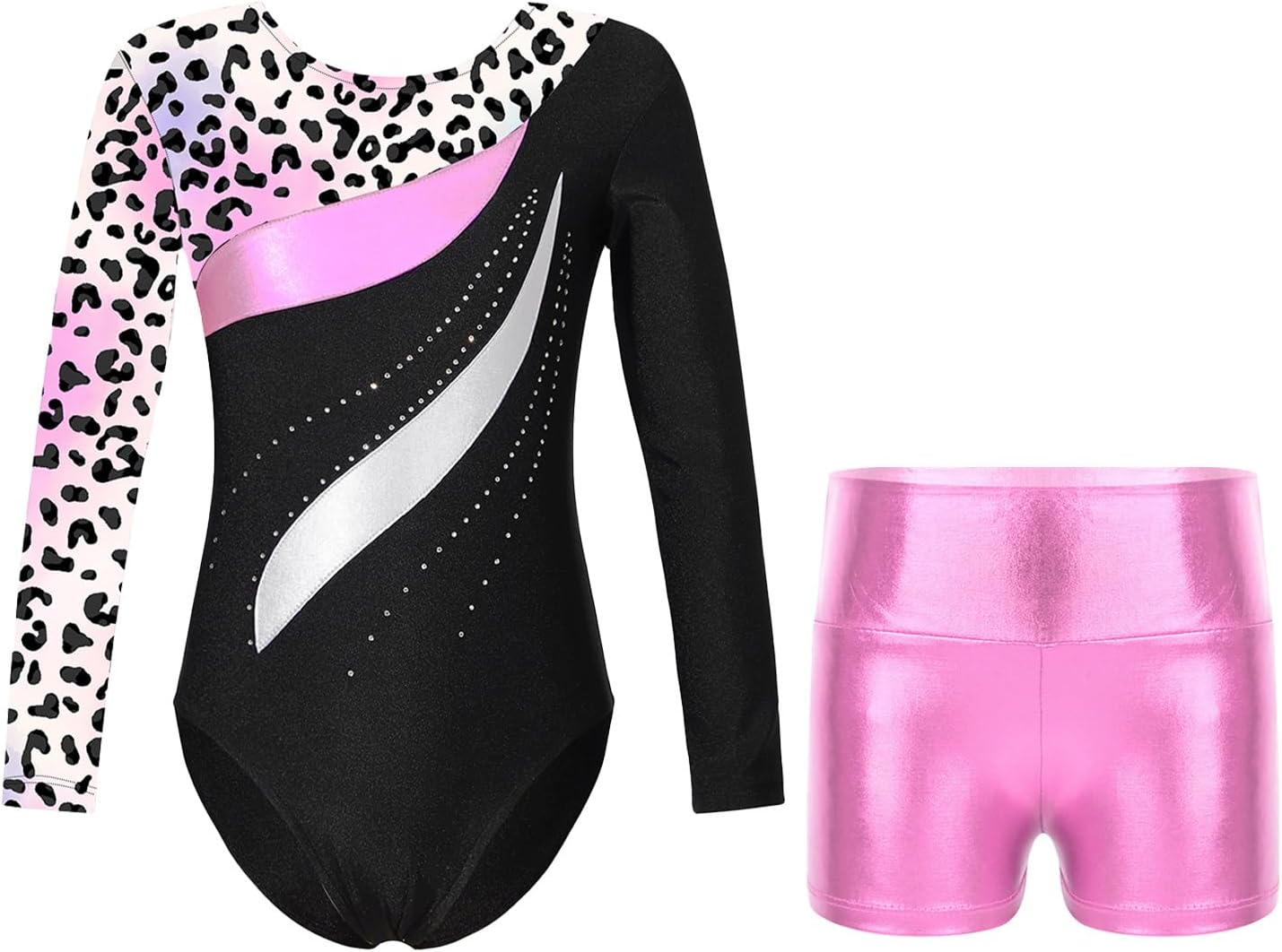 Kids Girls Long Sleeve Leotards with Shorts Sets 2 Pieces Gymnastics Dance Outfits Dancewear Tracksuit