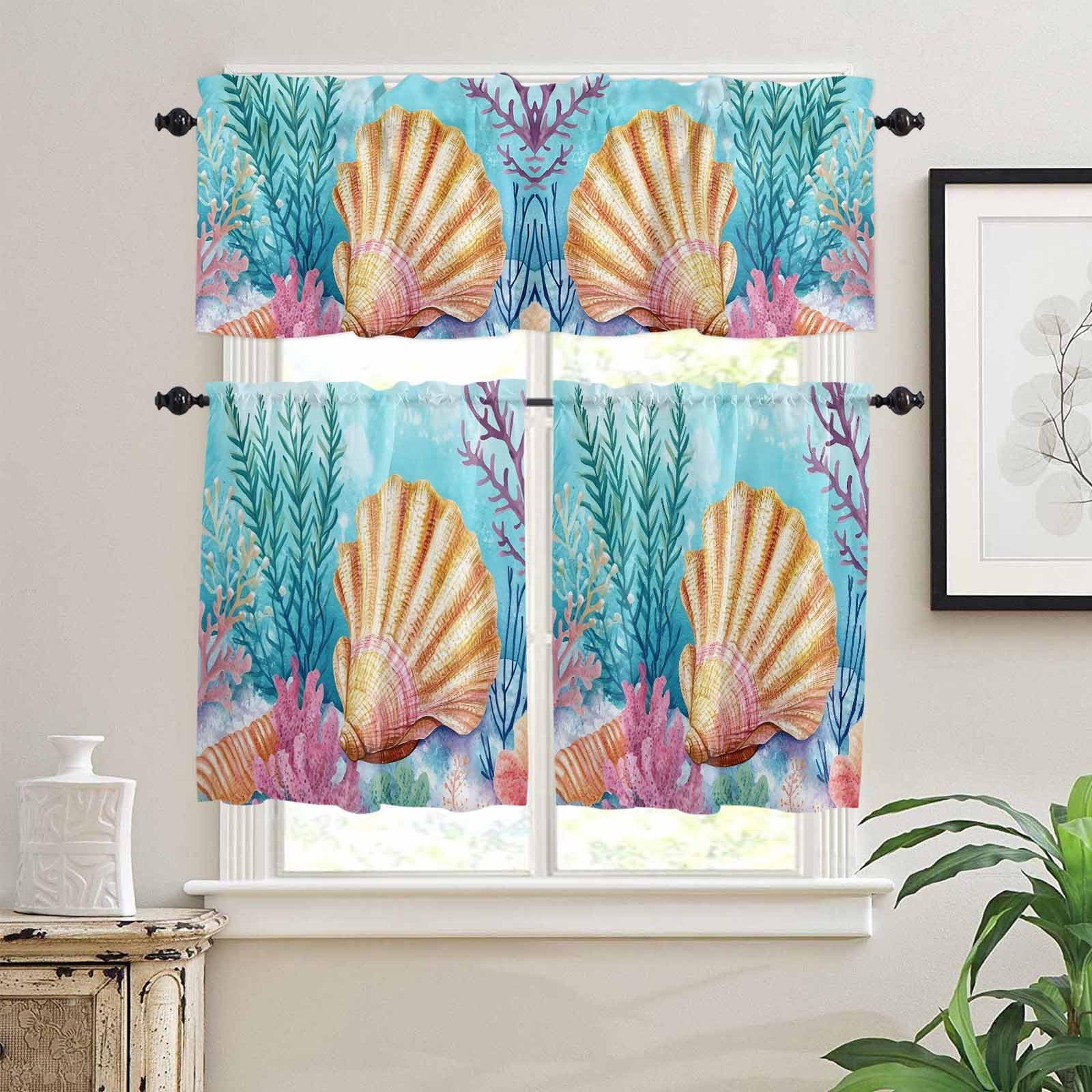 Summer Ocean Kitchen Curtains 36 Inch Length, 3 Piece Rod Pocket Small Half Tiers and Valance Set, Coastal Vintage Shell Coral Small Large Window Treatment Decor for Bedroom/Bathroom Sink