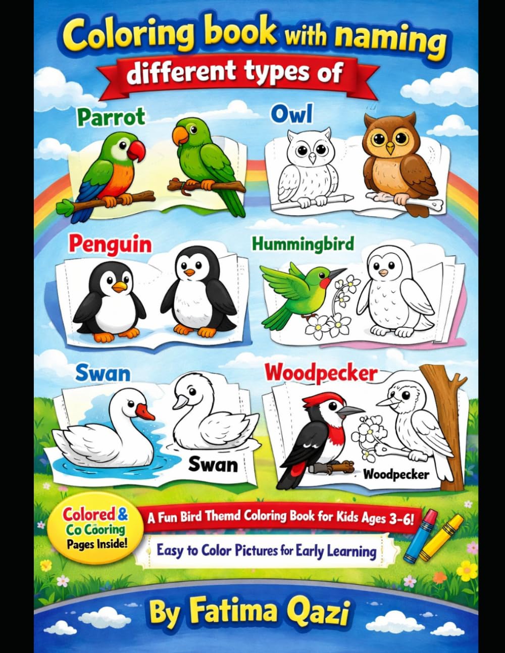 Coloring Book with Naming Different Types of Birds for Kids Ages 3–6: Fun & Educational Bird Coloring Book with Colored Guides and Easy Black & White Pages for Early Learning and Creativity
