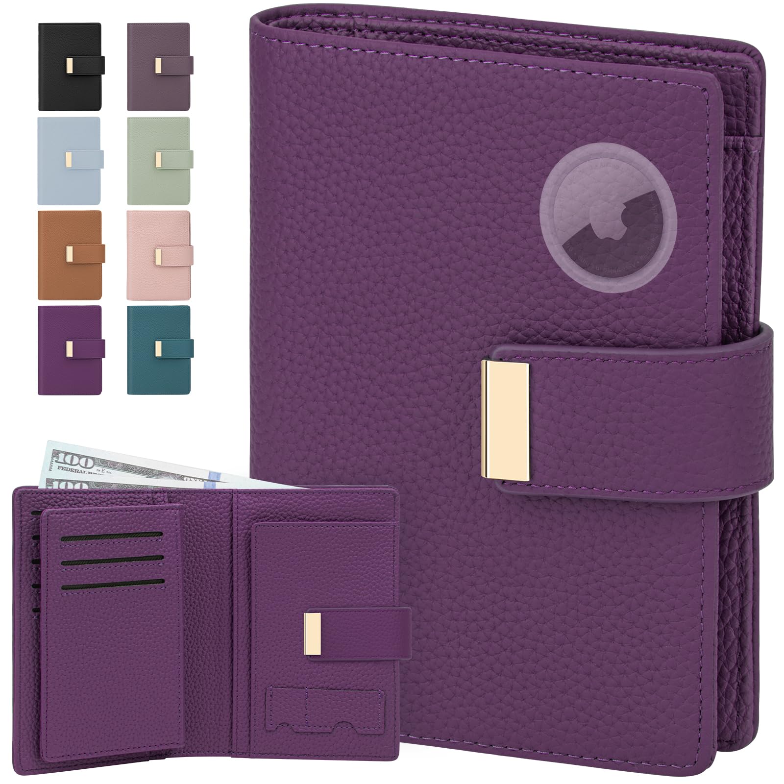 BKNOOU Porta passaporto con blocco RFID con Airtag, portafoglio da viaggio in pelle per donne e uomini, sottile porta passaporto da viaggio bifold per contenere carte, biglietti e contanti, A-viola