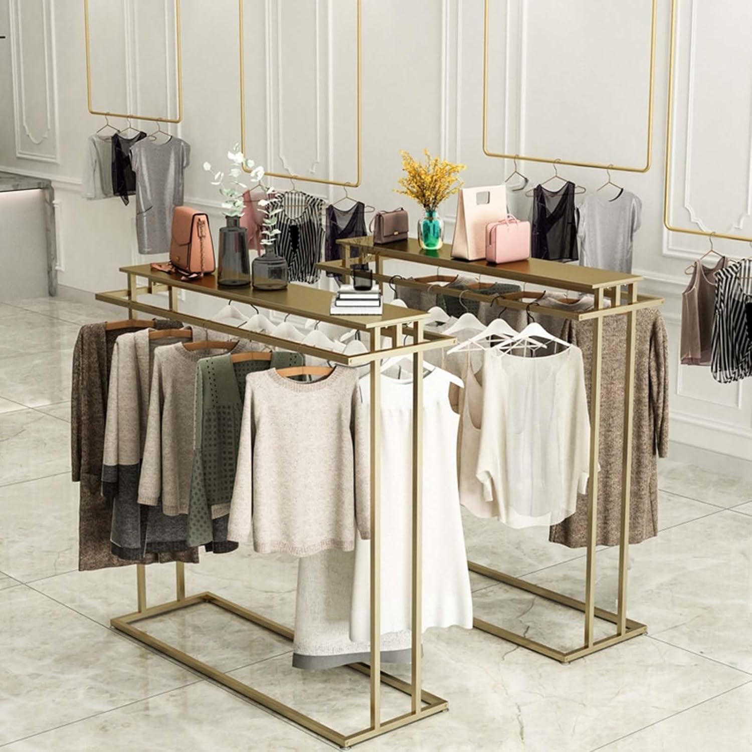 Perchero Perchero Con Estantes Organizador De Armario Independiente Perchero Dorado Resistente Con Estantes Perchero Portátil Soporte De Exhibición De Ropa Perchero Para Dormitorio Balcón (Oro 150 Cm