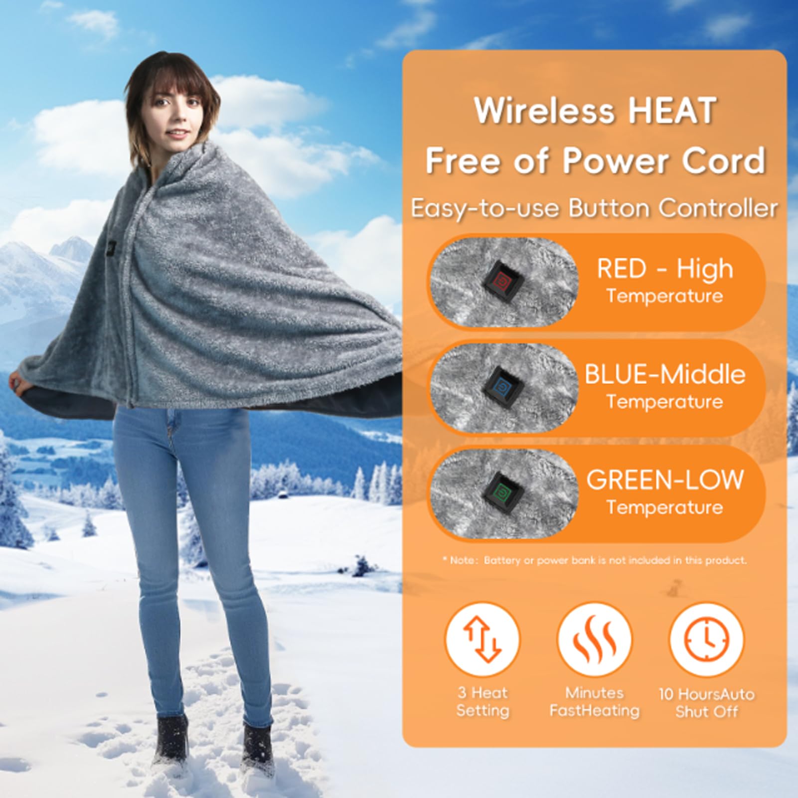 Coperta Termica Ricaricabile USB, Scialle Riscaldante Elettrico in Flanella Con Cerniera Livelli Di 3 Temperatura Morbida Termocoperta Lavabile per Casa, Ufficio, Auto, Campeggio (150x85cm)